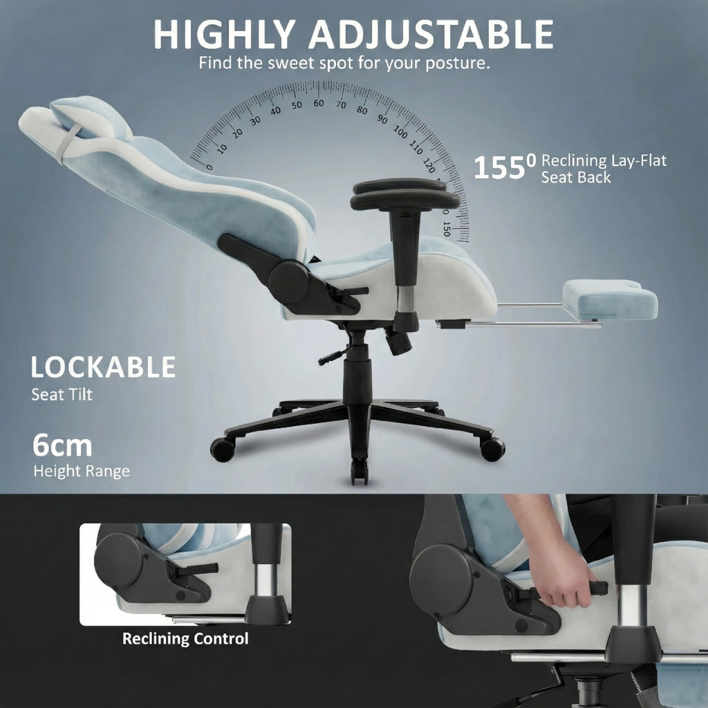 Xstriker Velvet Gaming Chair with Footrest – Wide Ergonomic Chair