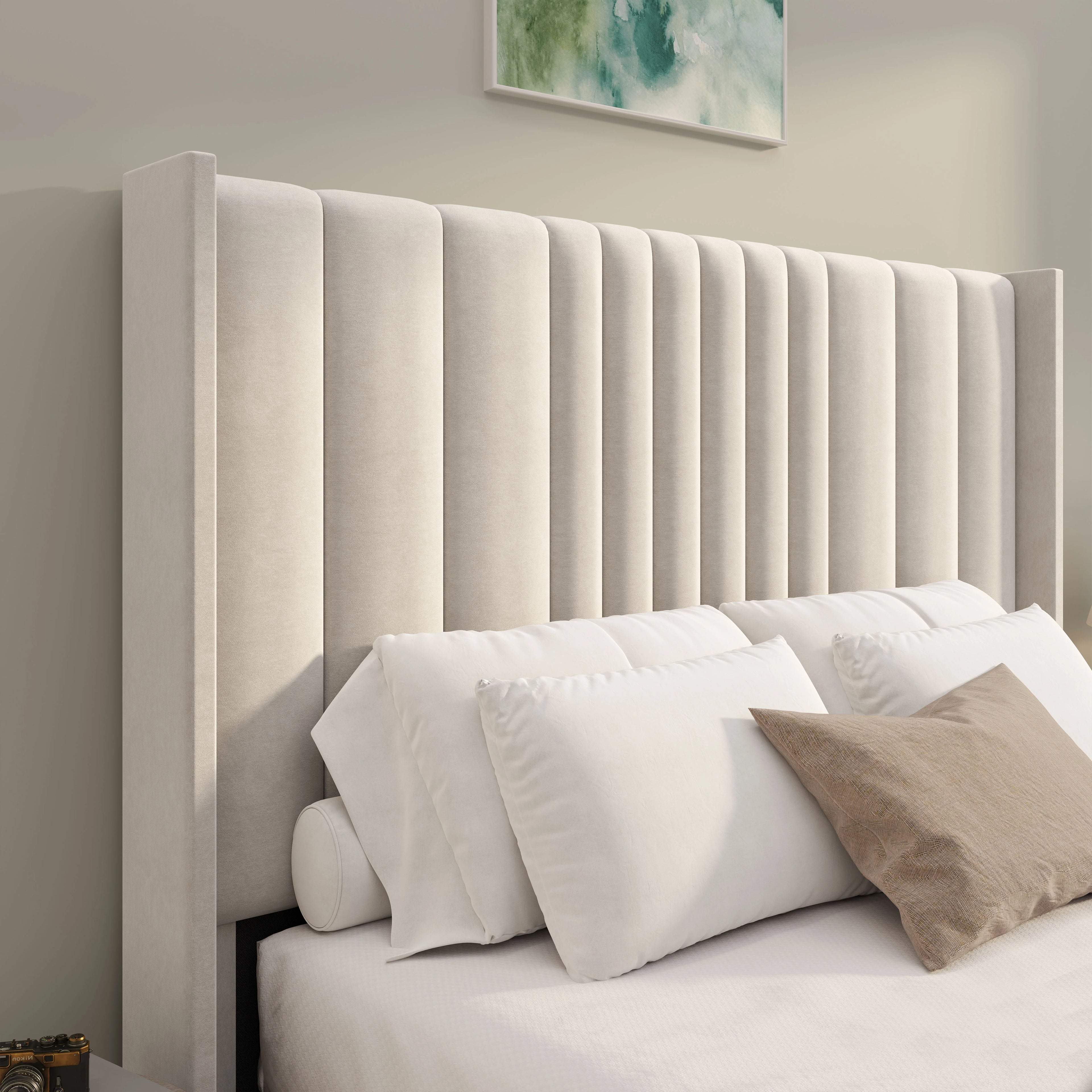 Winged Ottoman Bed Frame with Lines - Ottoman Storage Bed