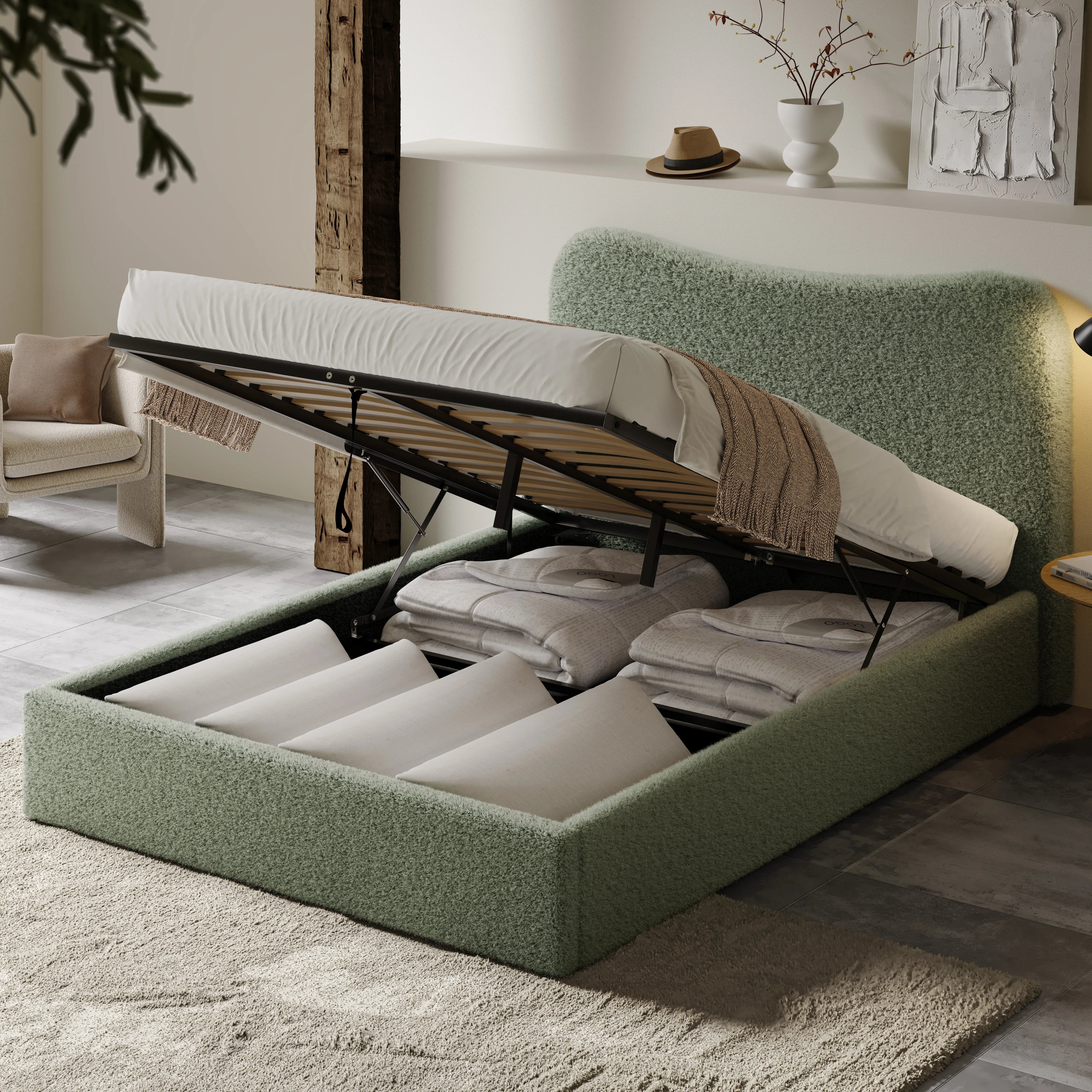 Curved Headboard Ottoman Storage Bed - Boucle Ottoman Bed Frame