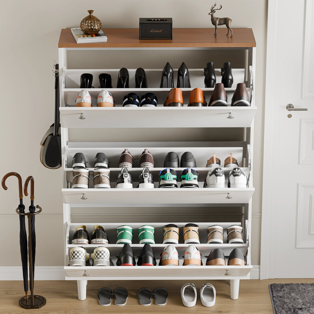 3 Door Narrow Shoe Cabinet | Tall Shoe Storage With Hooks