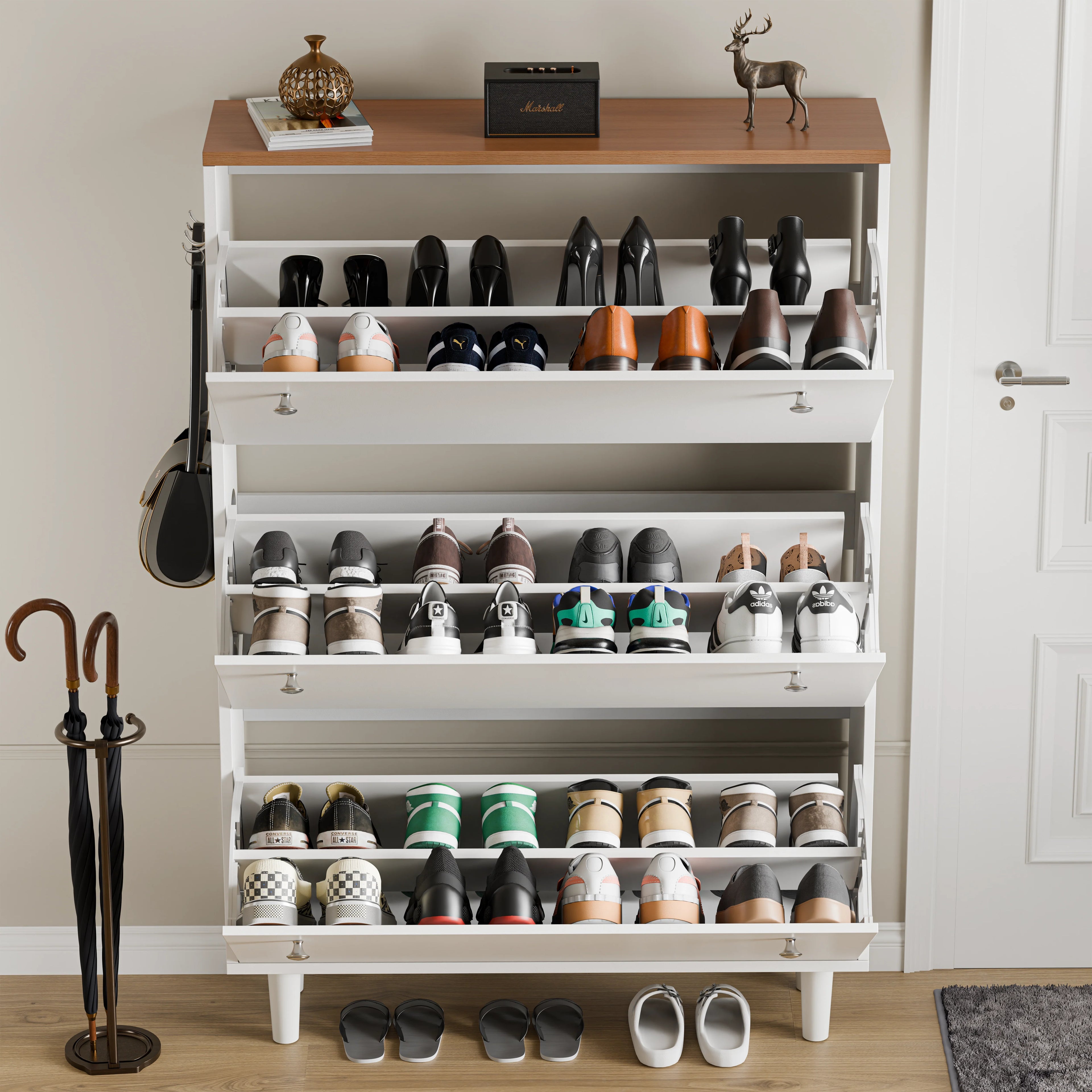 3 Door Narrow Shoe Cabinet | Tall Shoe Storage With Hooks
