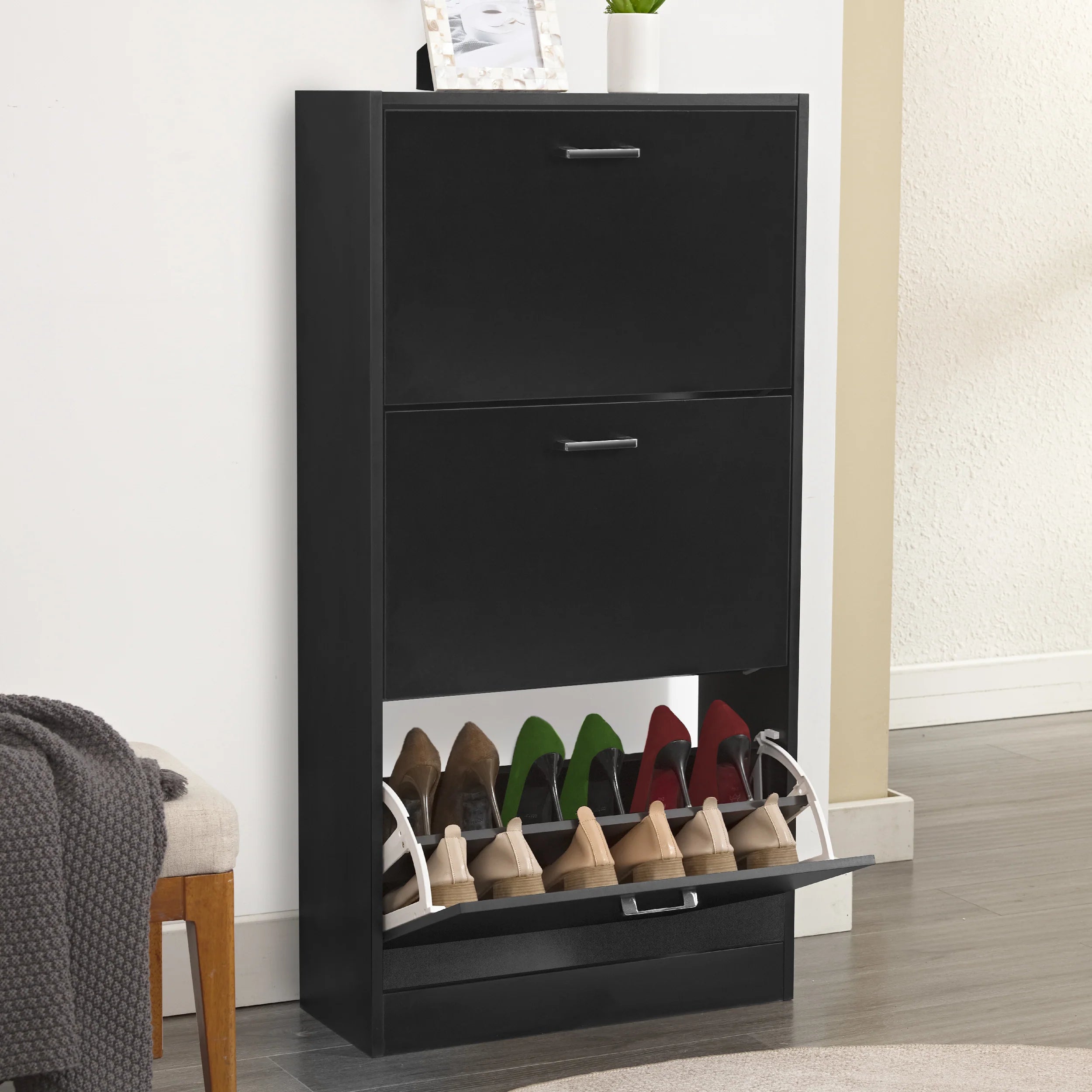3 Drawer Slim Shoe Cabinet For Hallway - Tall Shoe Storage