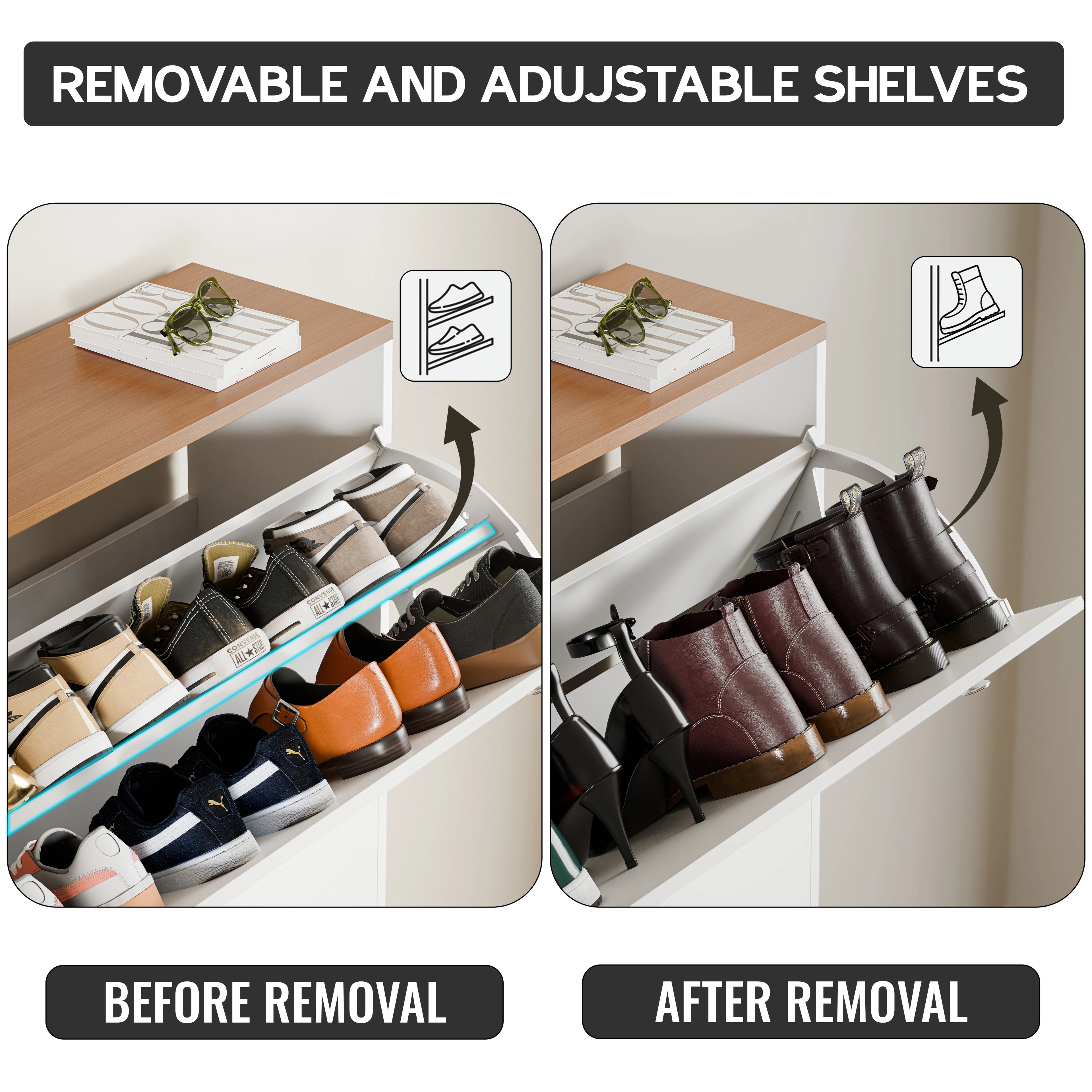 3 Door Narrow Shoe Cabinet | Tall Shoe Storage With Hooks