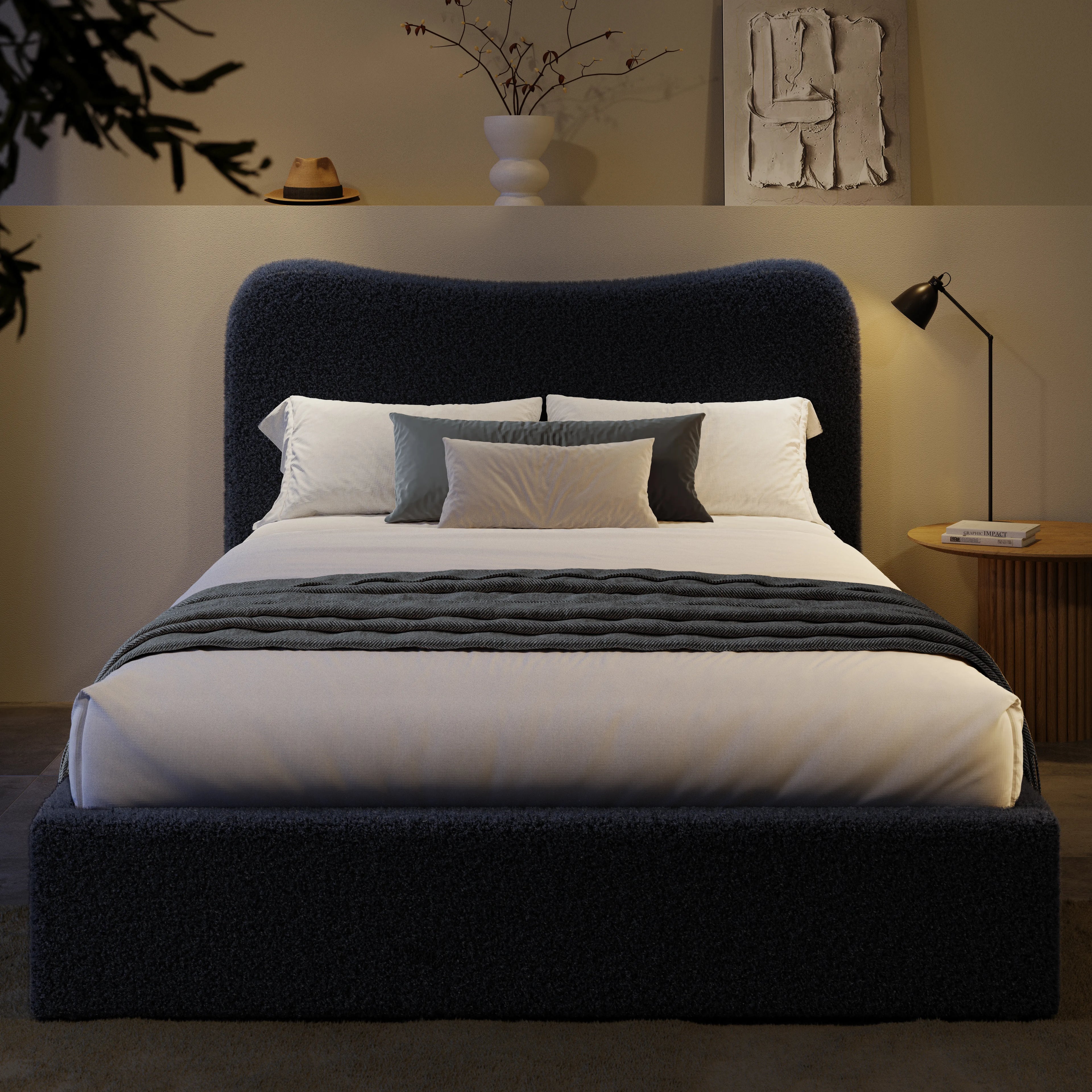 Curved Headboard Ottoman Storage Bed - Boucle Ottoman Bed Frame