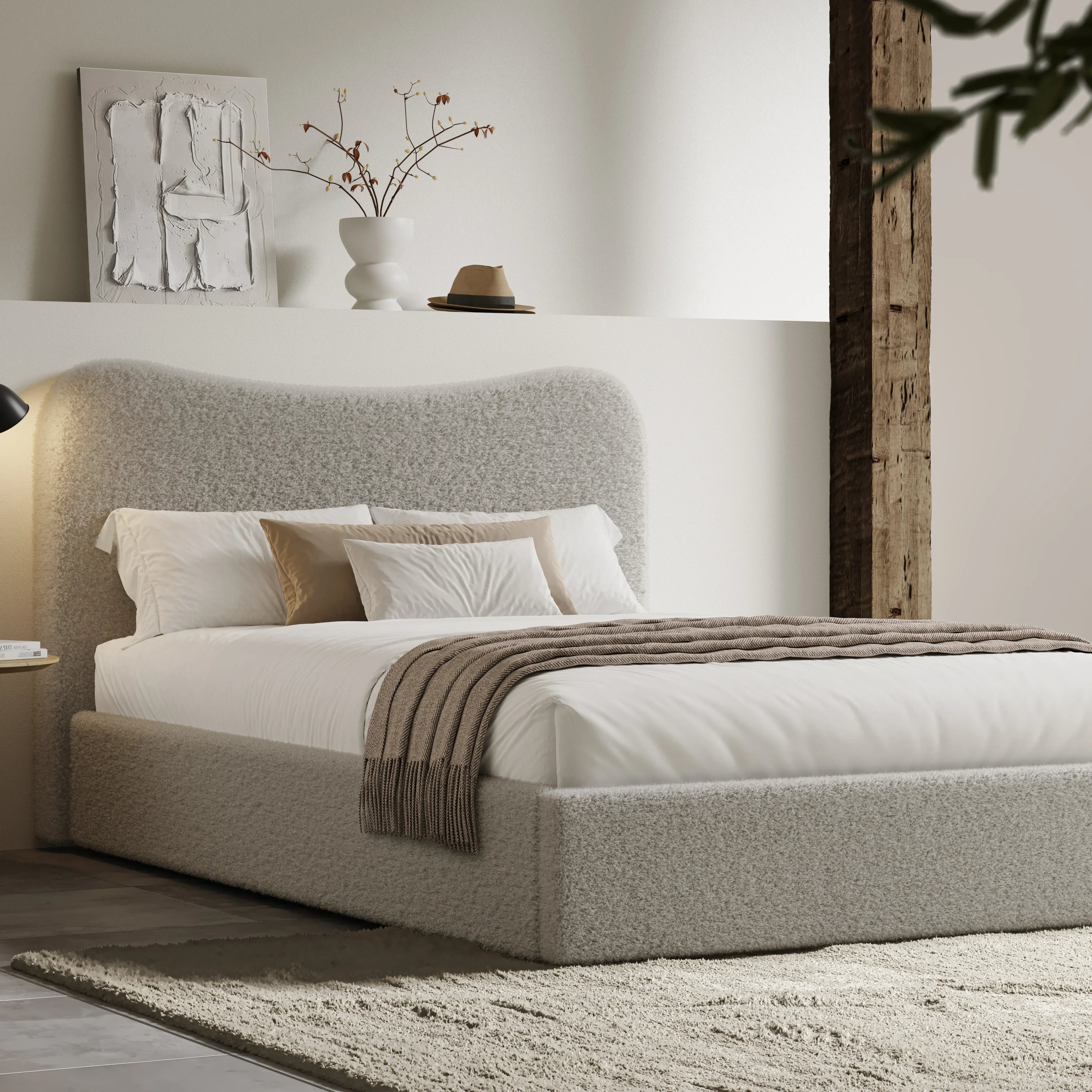 Curved Headboard Ottoman Storage Bed - Boucle Ottoman Bed Frame