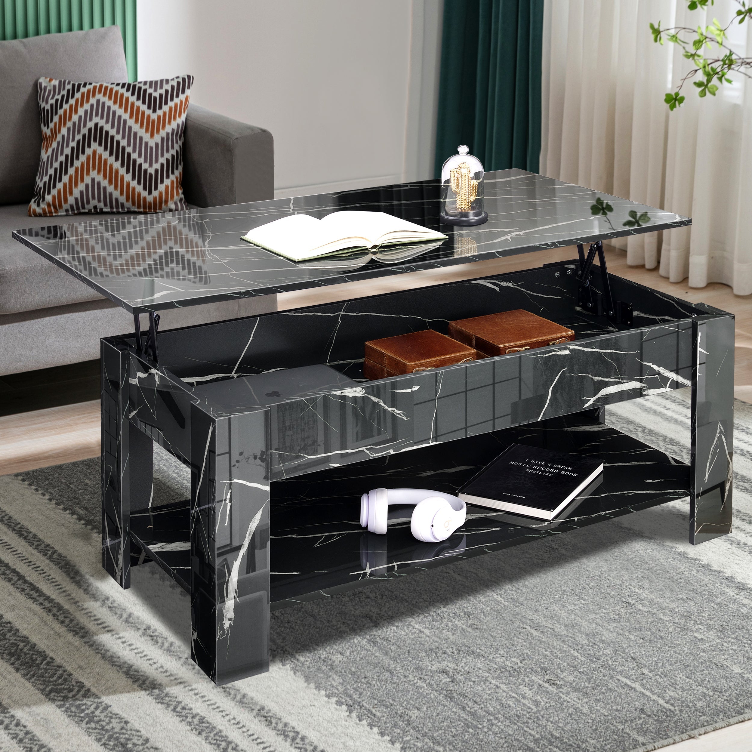 High Gloss Lift Top Coffee Table With Hidden Storage Shelf