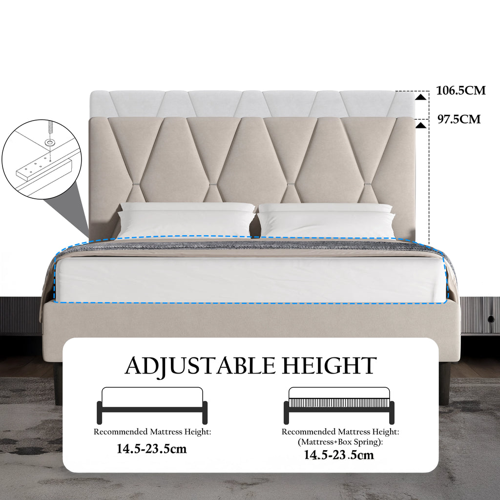 Velvet Double Bed Frame with Headboard Upholstered King Size Bed Frame
