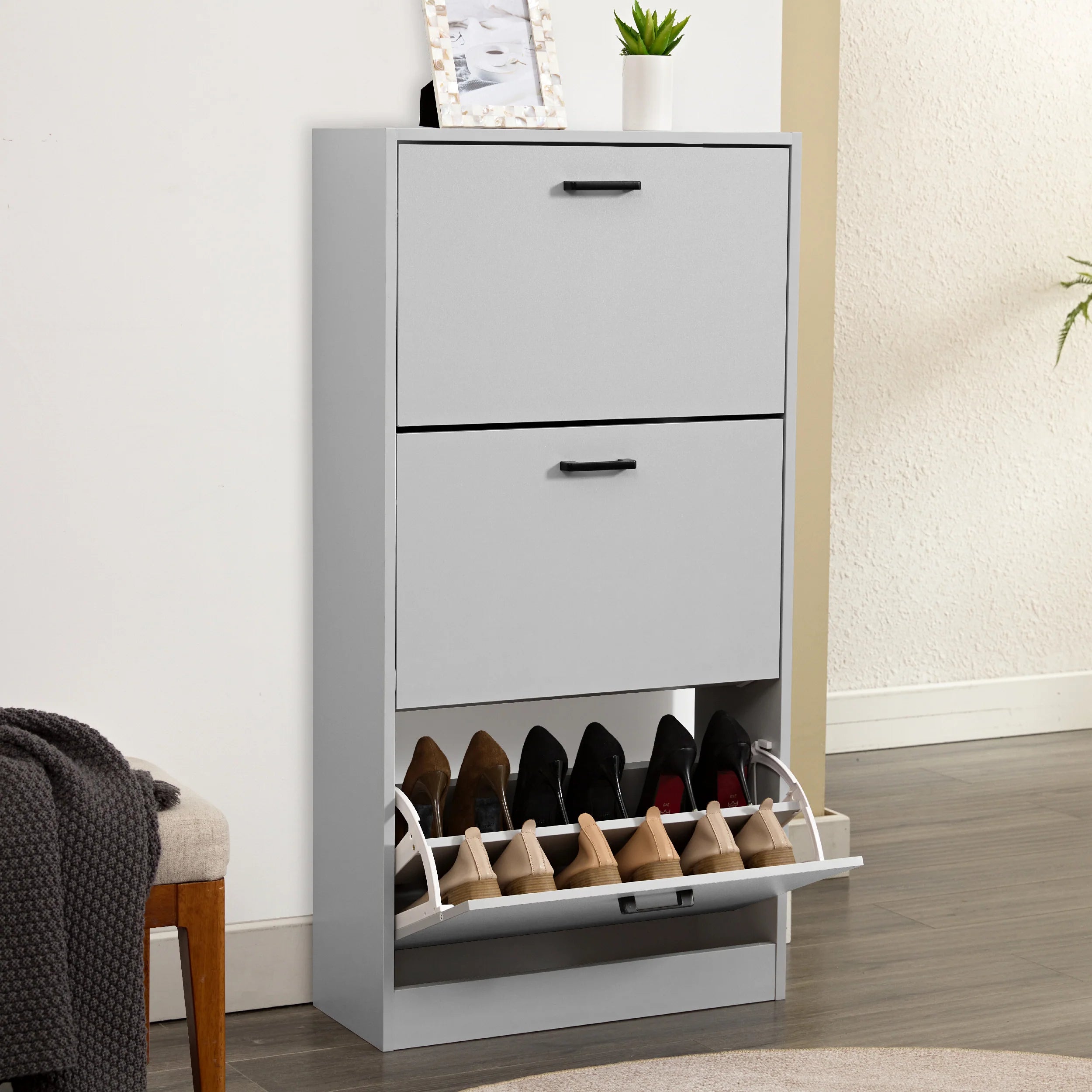 3 Drawer Slim Shoe Cabinet For Hallway - Tall Shoe Storage
