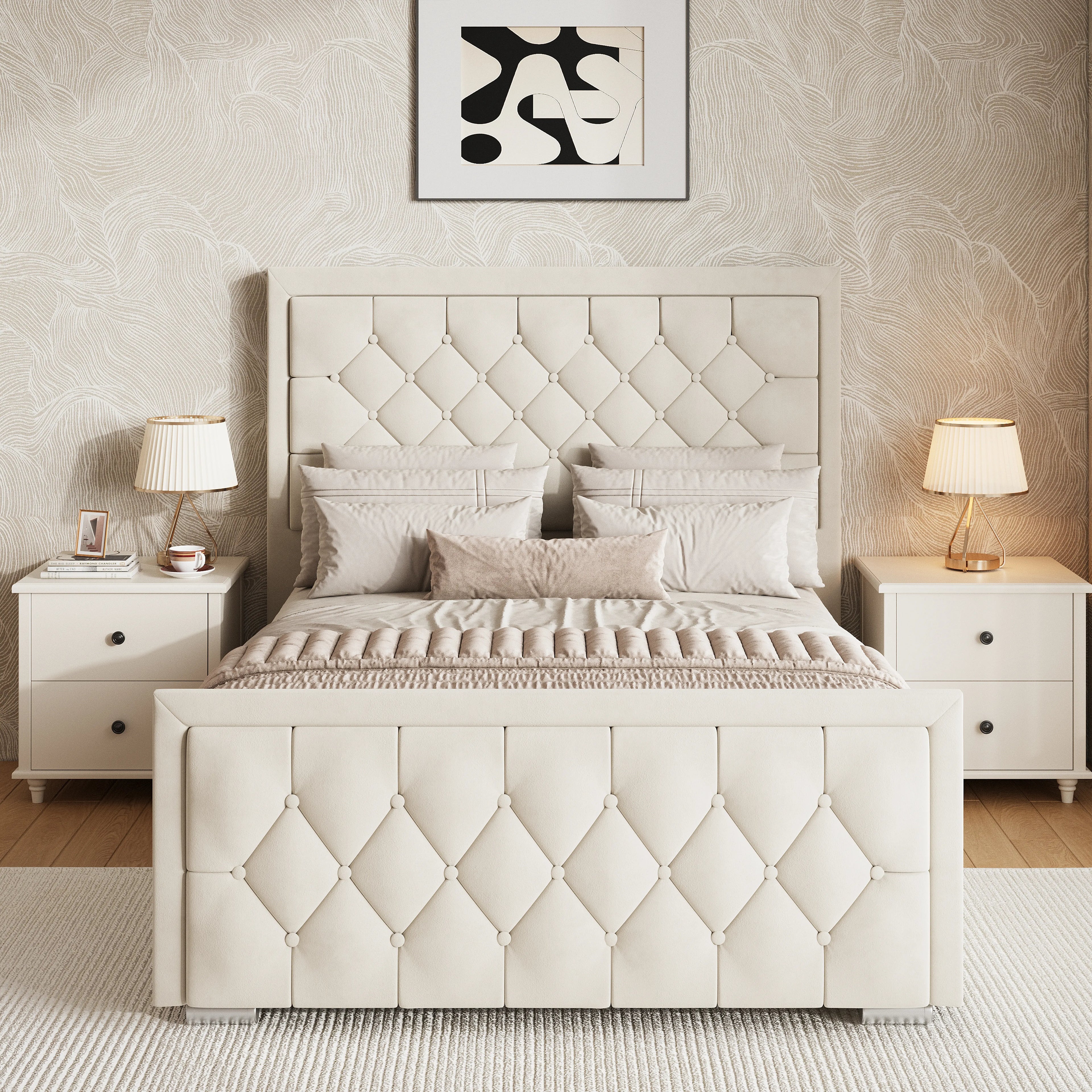 Cross Puffed Ottoman Storage Bed - Velvet Ottoman Bed Frame