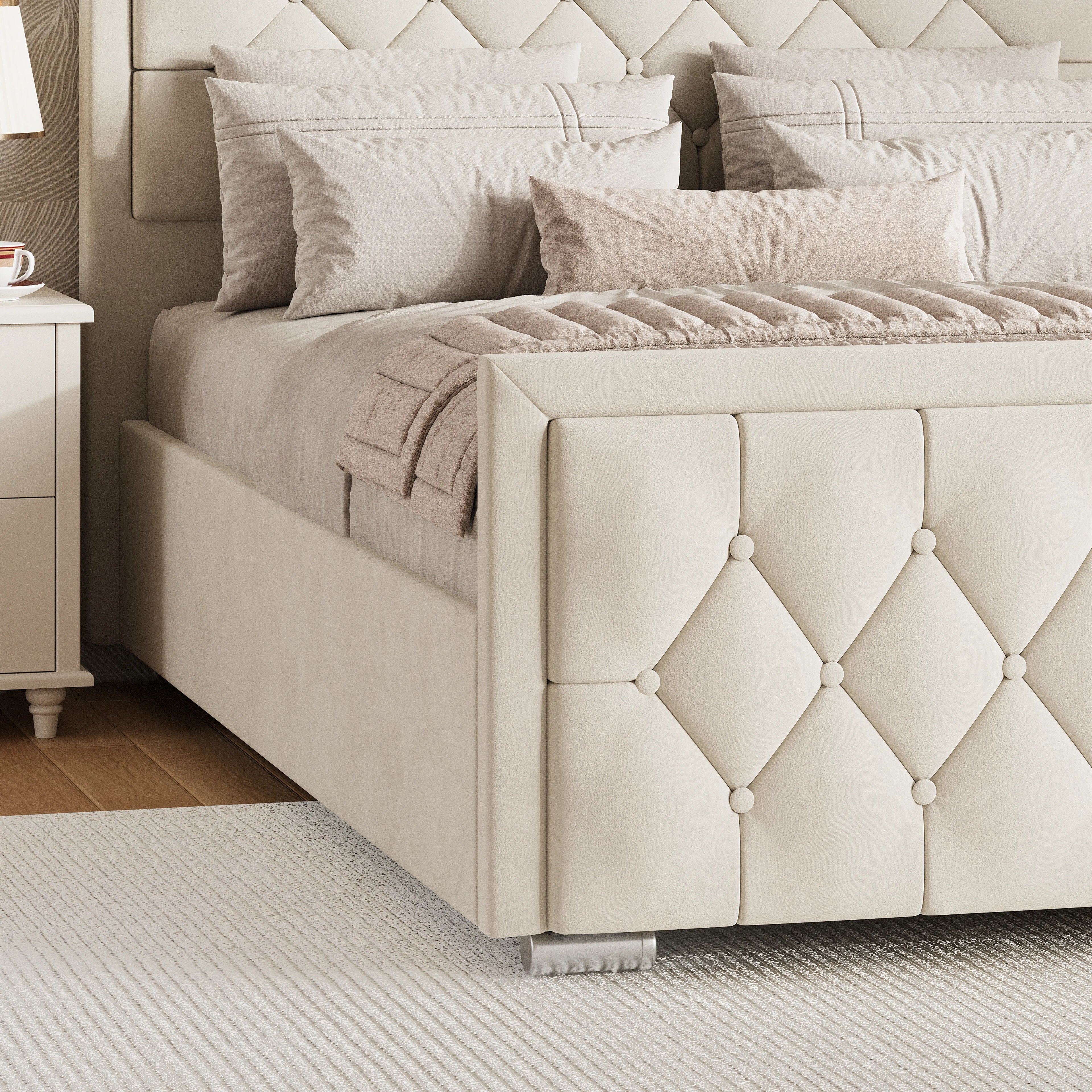 Cross Puffed Ottoman Storage Bed - Velvet Ottoman Bed Frame