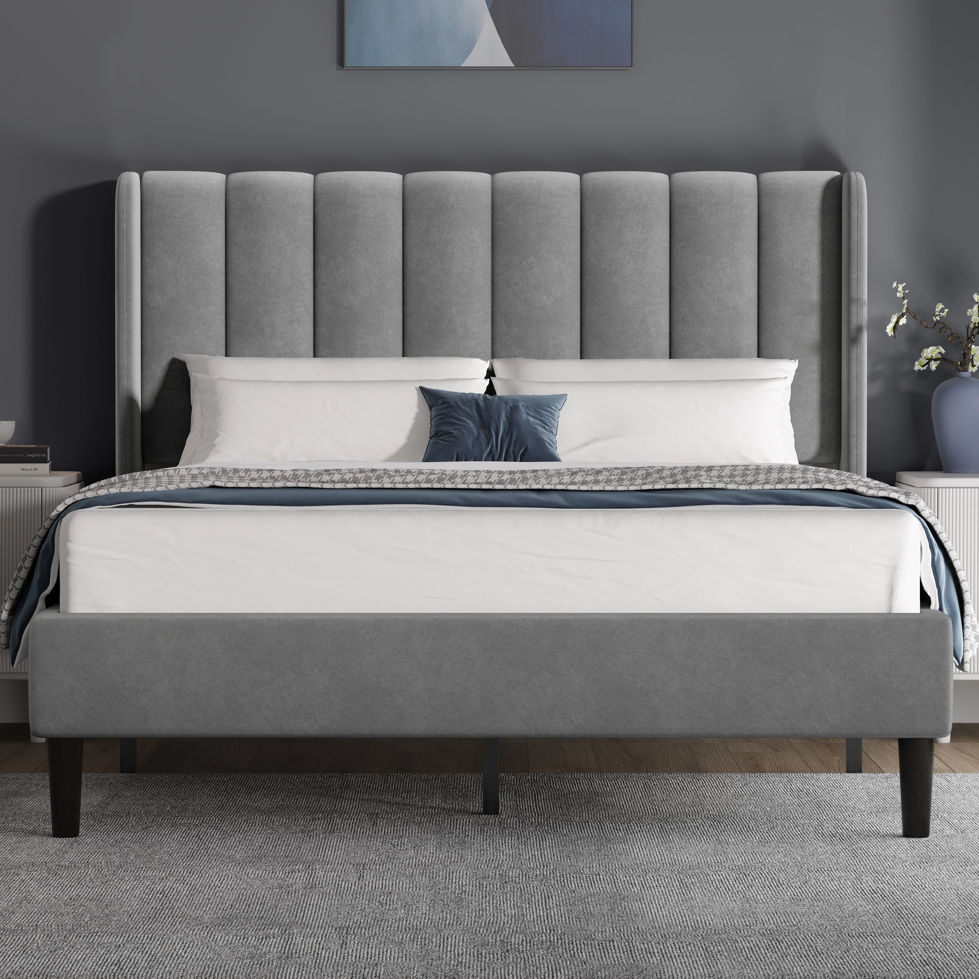 Vertical Line Velvet Upholstered Bed Frame Double & King Sizes