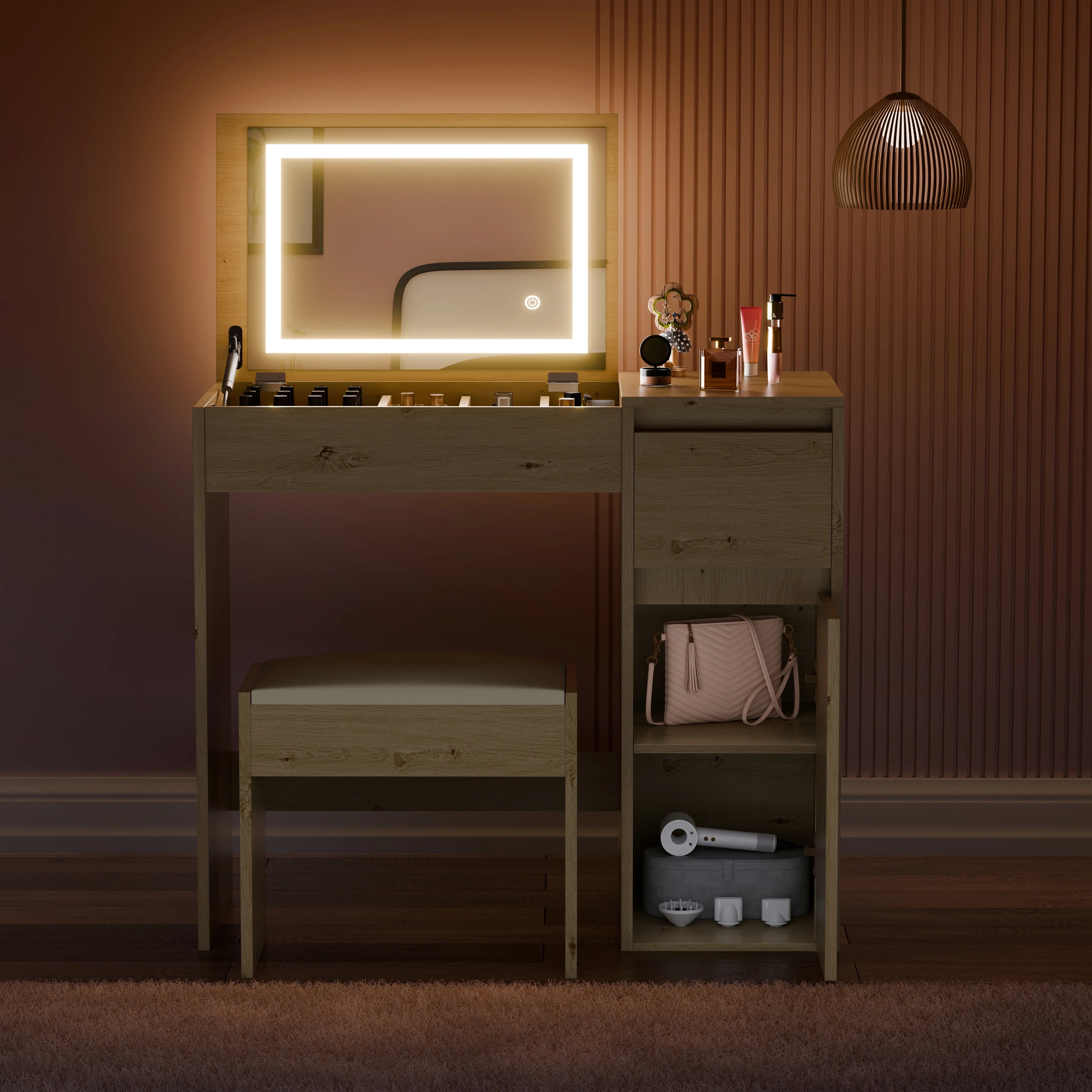 Small Dressing Table with Mirror and Lights, Stool -Makeup Vanity Desk