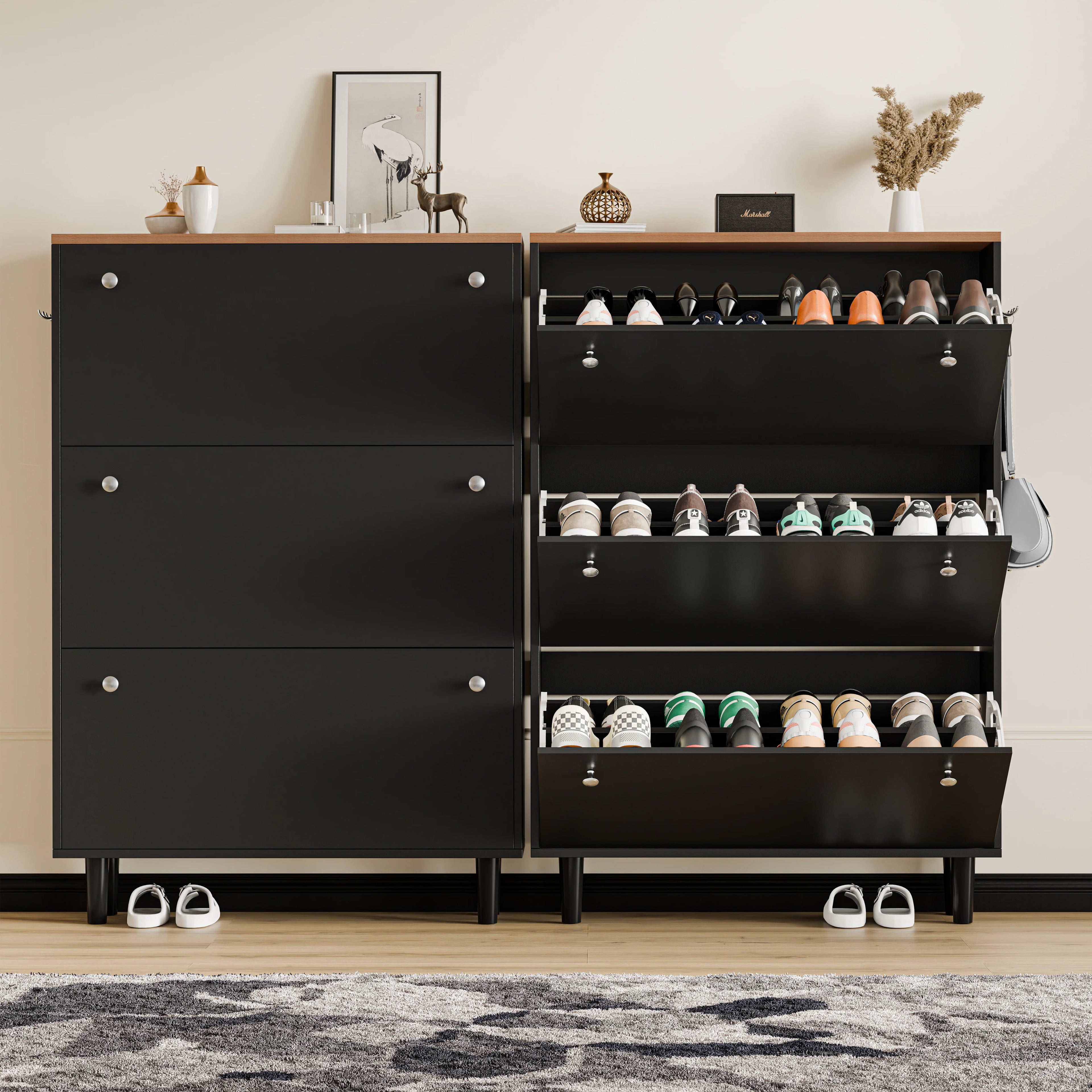 3 Door Narrow Shoe Cabinet | Tall Shoe Storage With Hooks