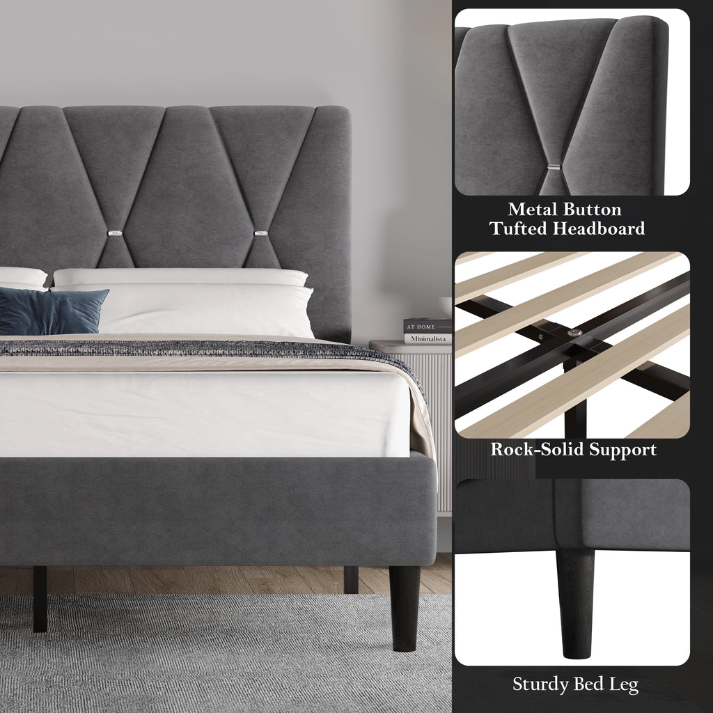 Velvet Double Bed Frame with Headboard Upholstered King Size Bed Frame