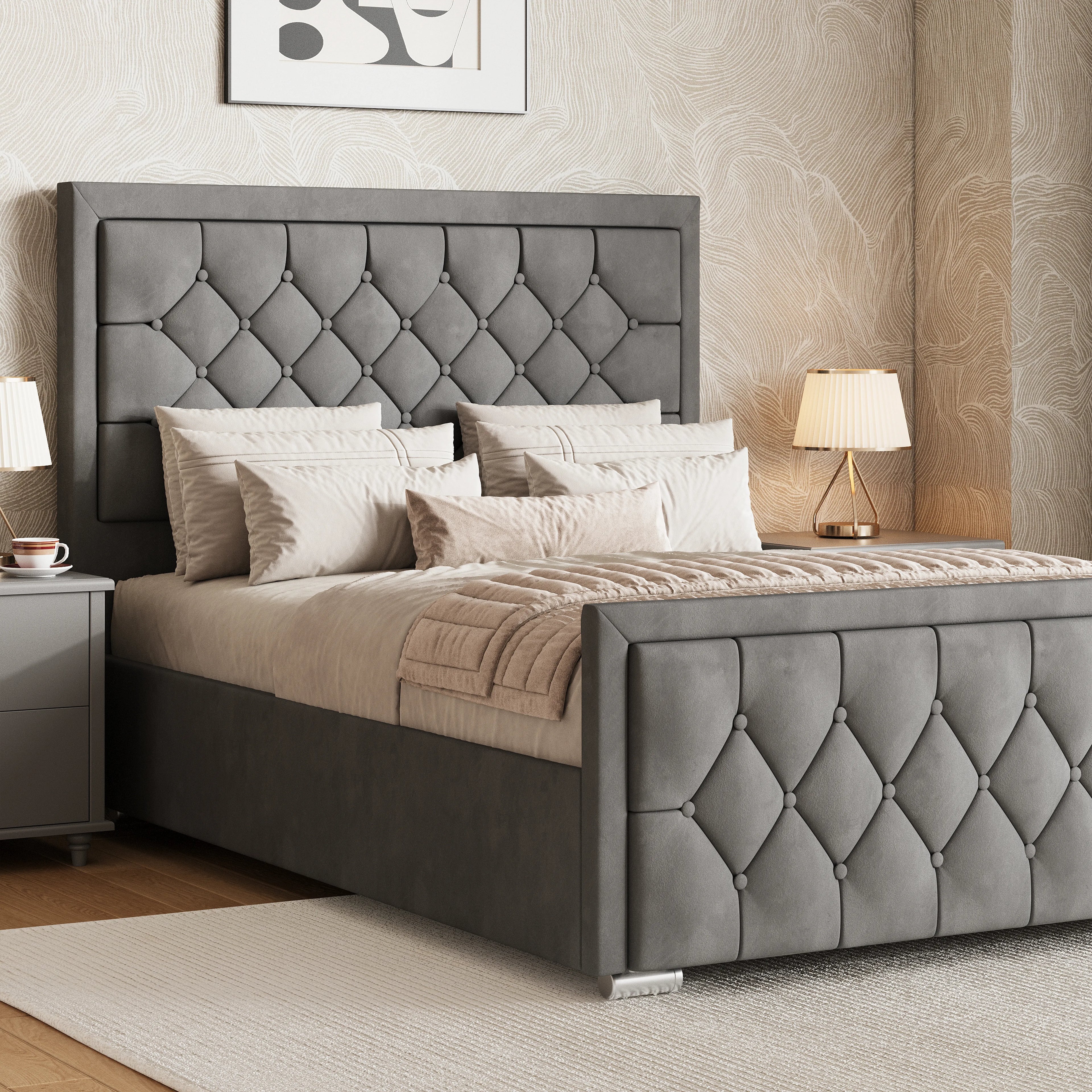 Cross Puffed Ottoman Storage Bed - Velvet Ottoman Bed Frame