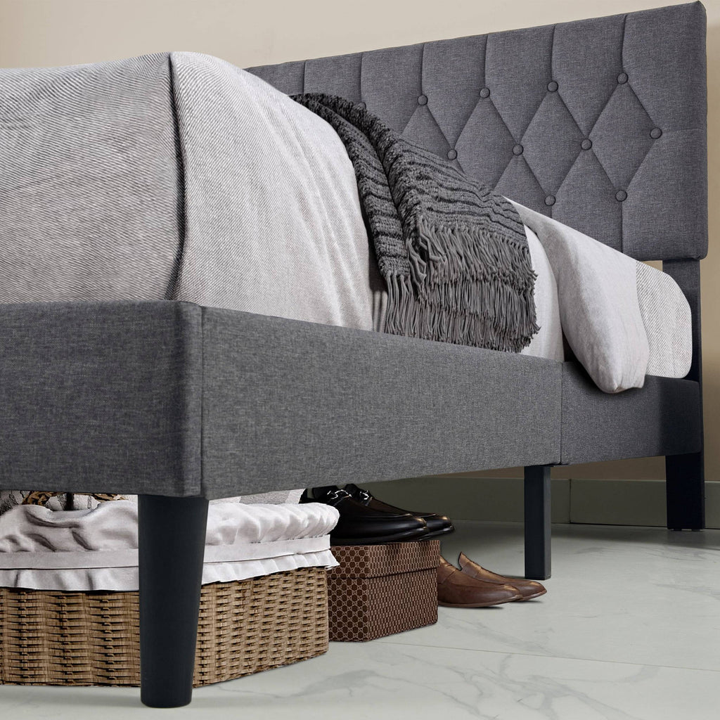 Chesterfield Bed Frame - Luxurious Grey Linen Upholstery, Adjustable Headboard