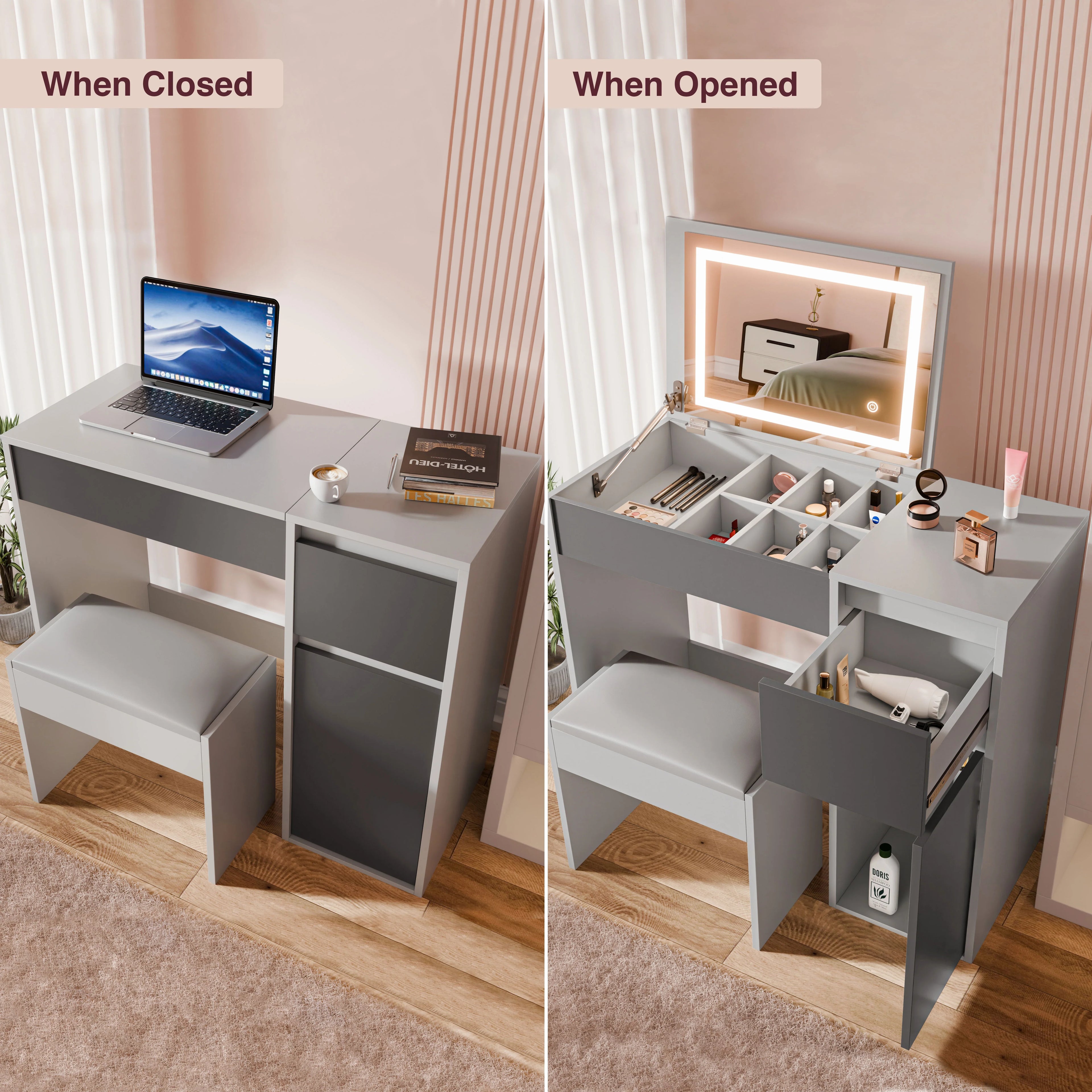 Small Dressing Table with Mirror and Lights, Stool -Makeup Vanity Desk