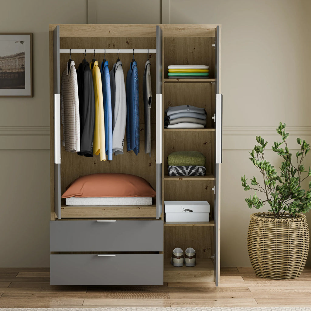 Skova 3 Door Wardrobe with Drawers and Shelves & Clothes Rail