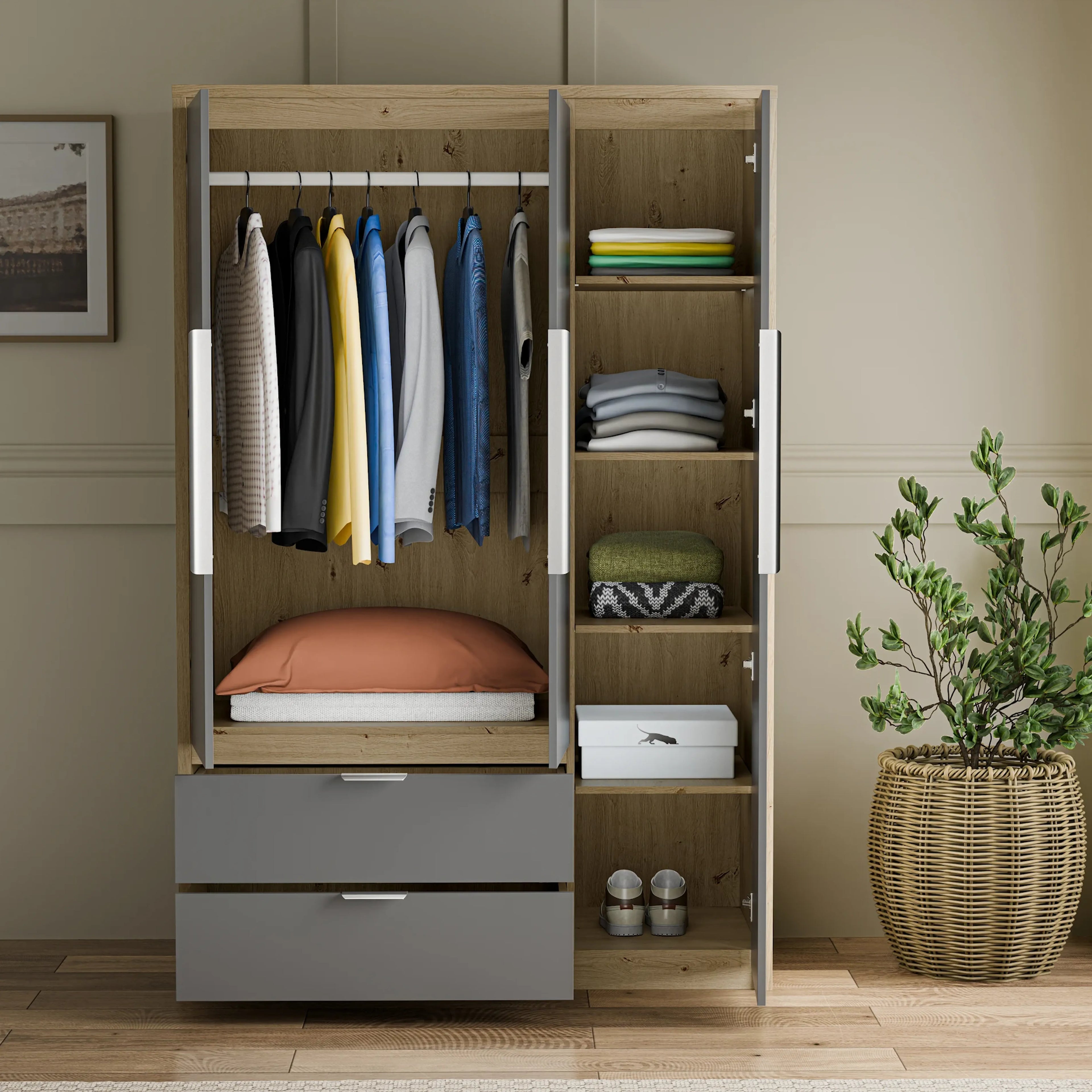 Skova 3 Door Wardrobe with Drawers and Shelves & Clothes Rail