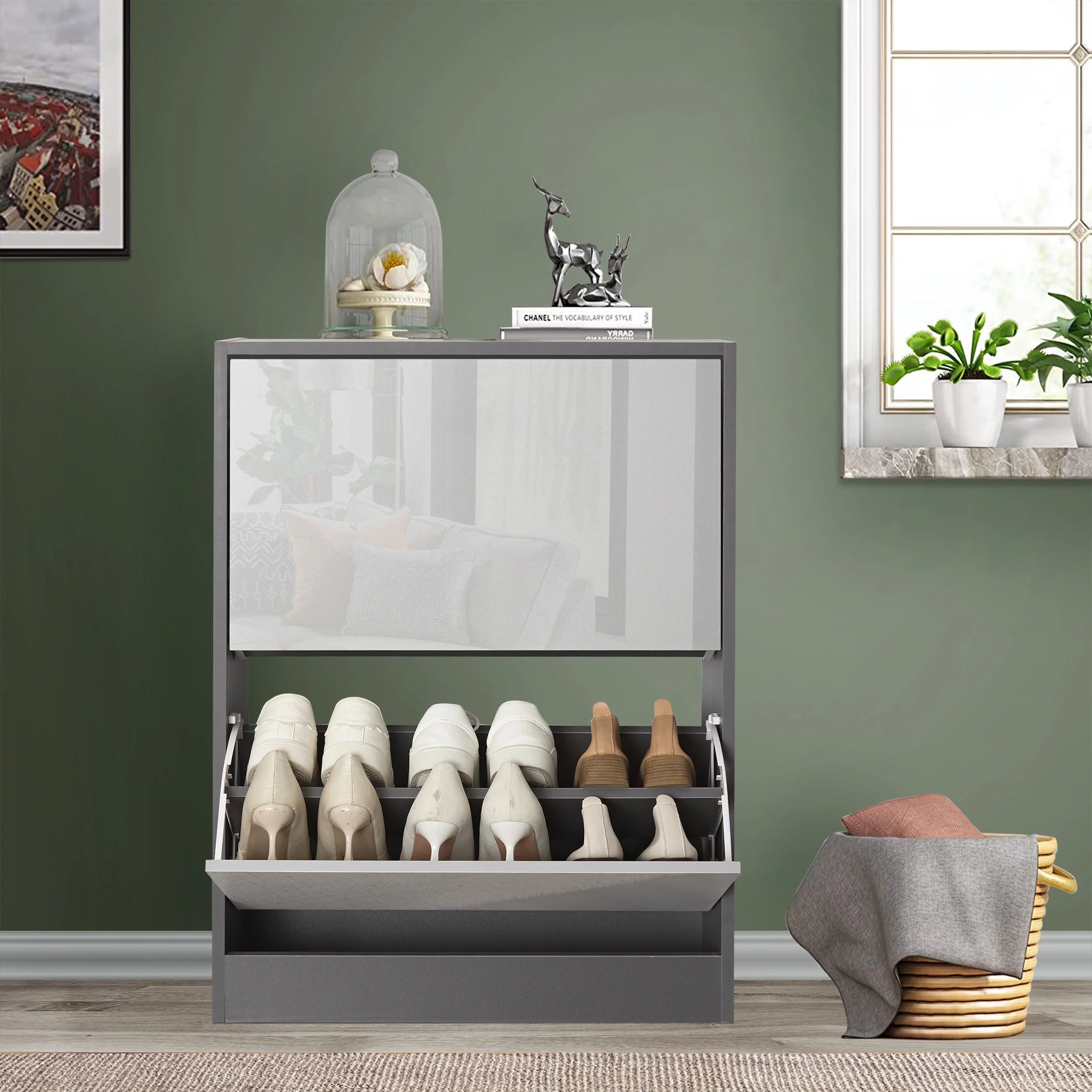 High Gloss 2 Door Shoe Cabinet | Slim Shoe Storage Unit