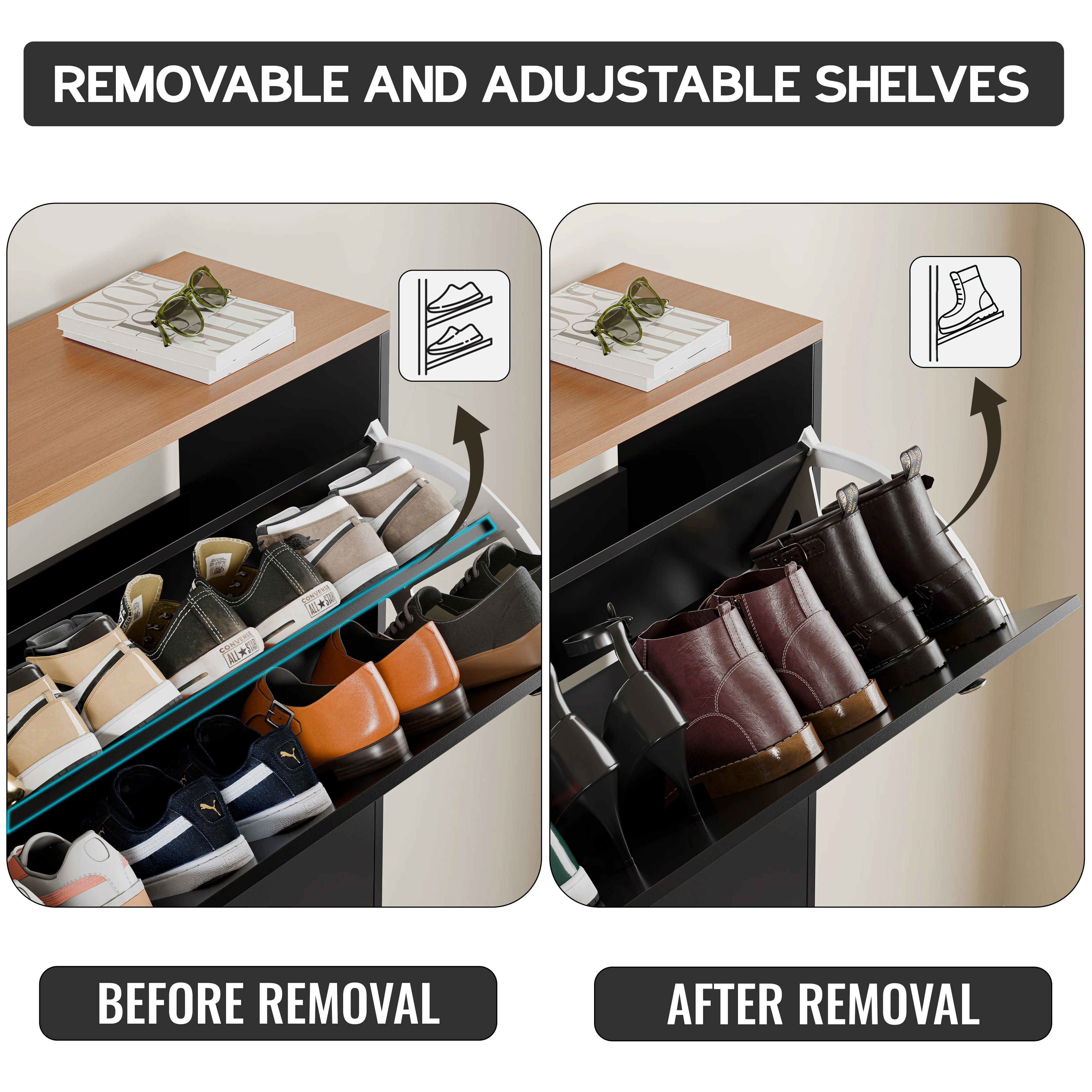 3 Door Narrow Shoe Cabinet | Tall Shoe Storage With Hooks