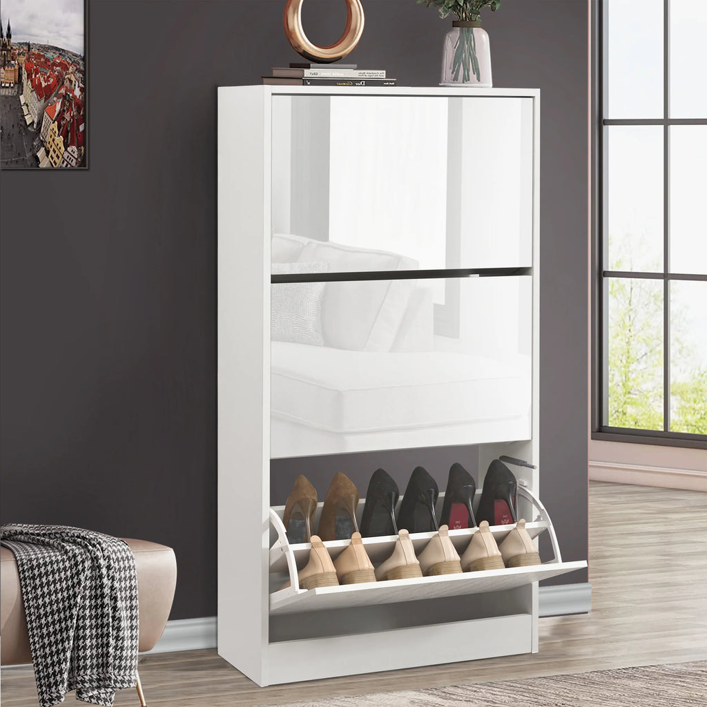 High Gloss 3 Door Shoe Cabinet | Slim Shoe Storage