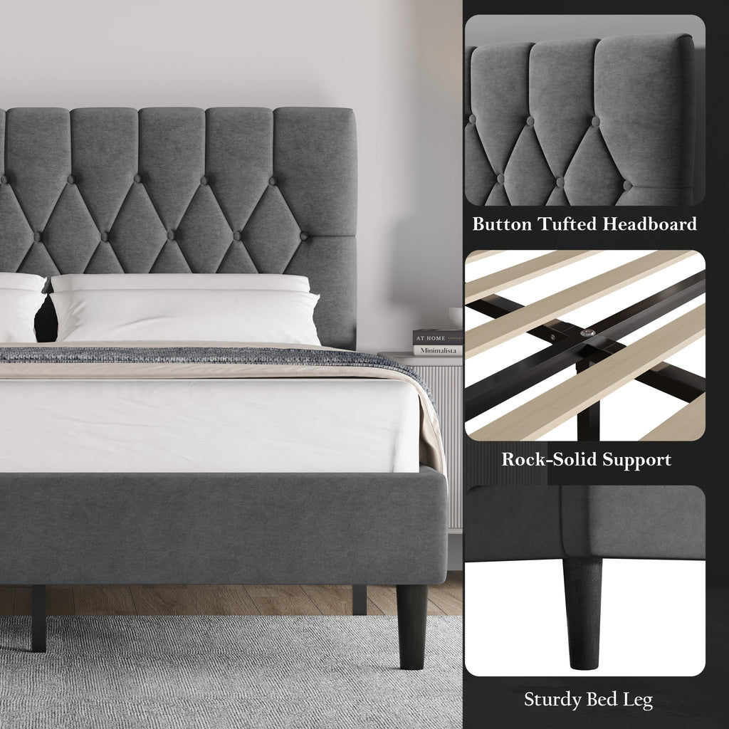Velvet Bed Frame Double & King Size with Adjustable Headboard