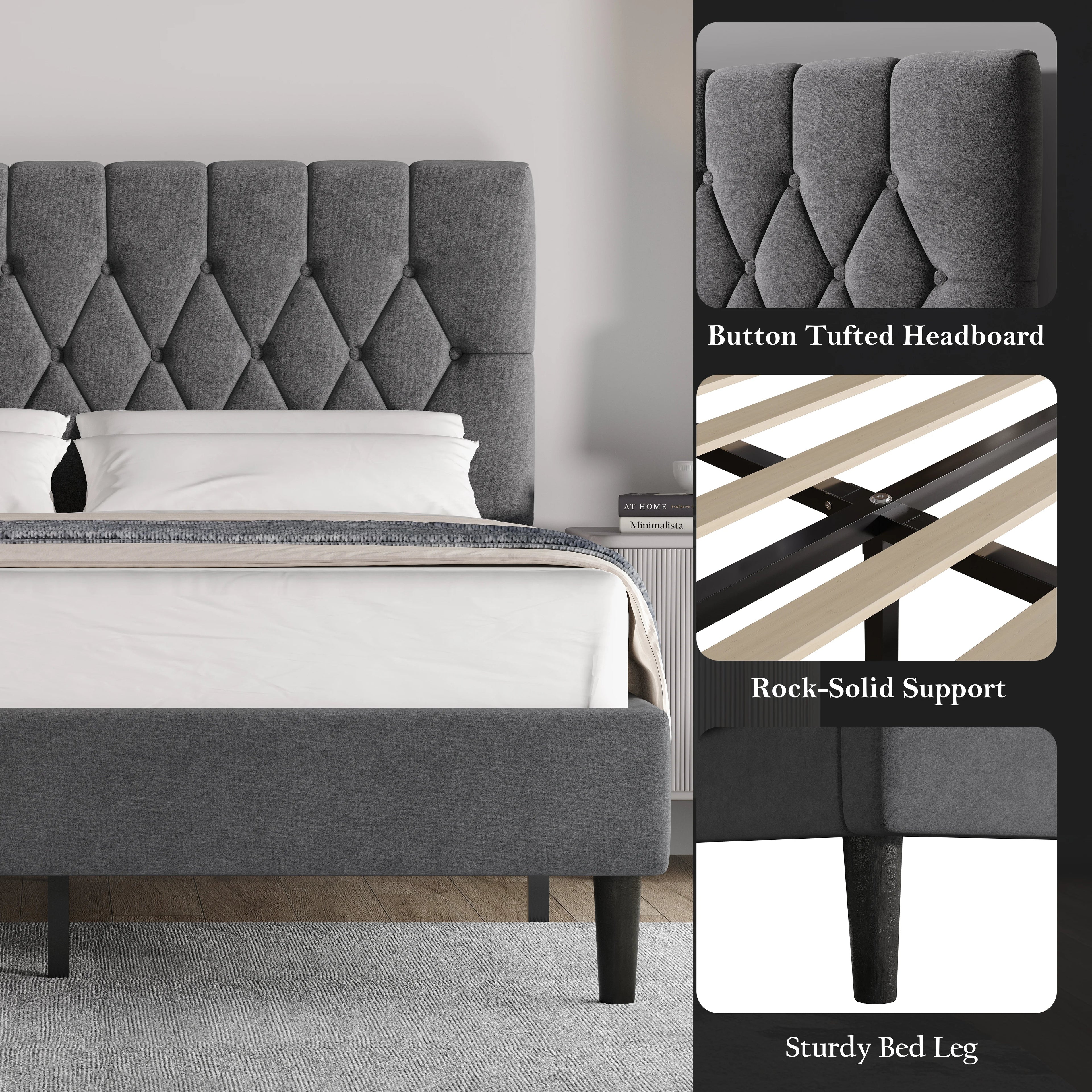 Velvet Bed Frame Double & King Size with Adjustable Headboard