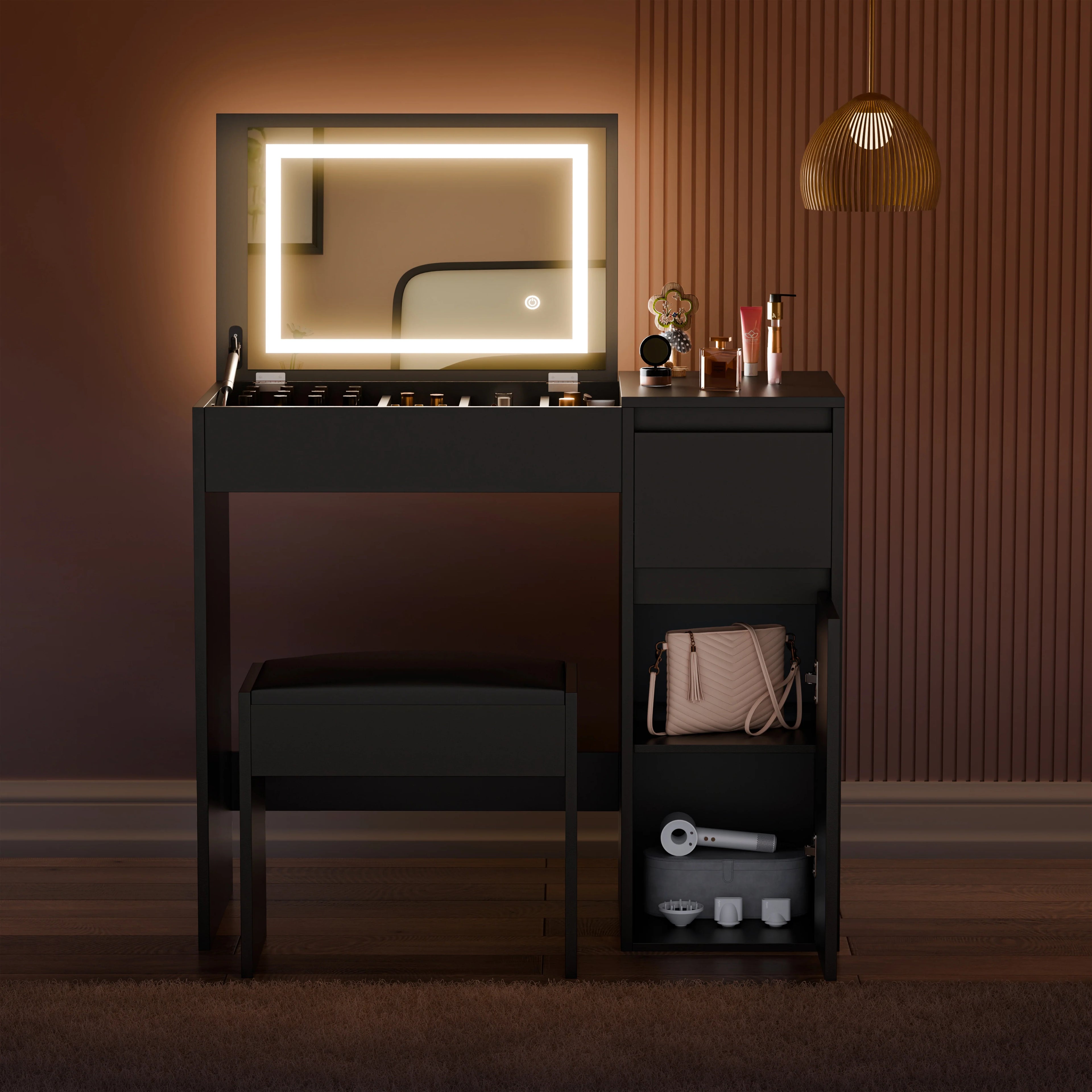 Small Dressing Table with Mirror and Lights, Stool -Makeup Vanity Desk