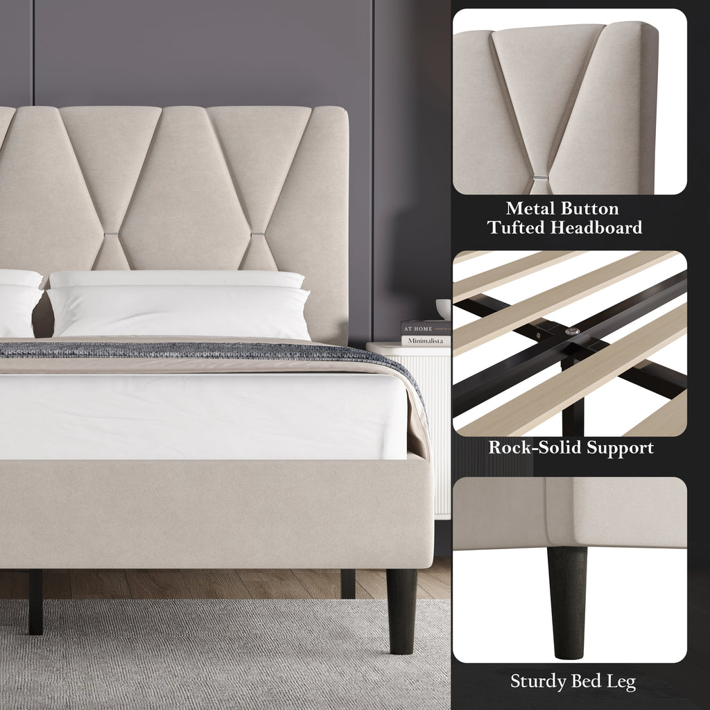 Velvet Double Bed Frame with Headboard Upholstered King Size Bed Frame