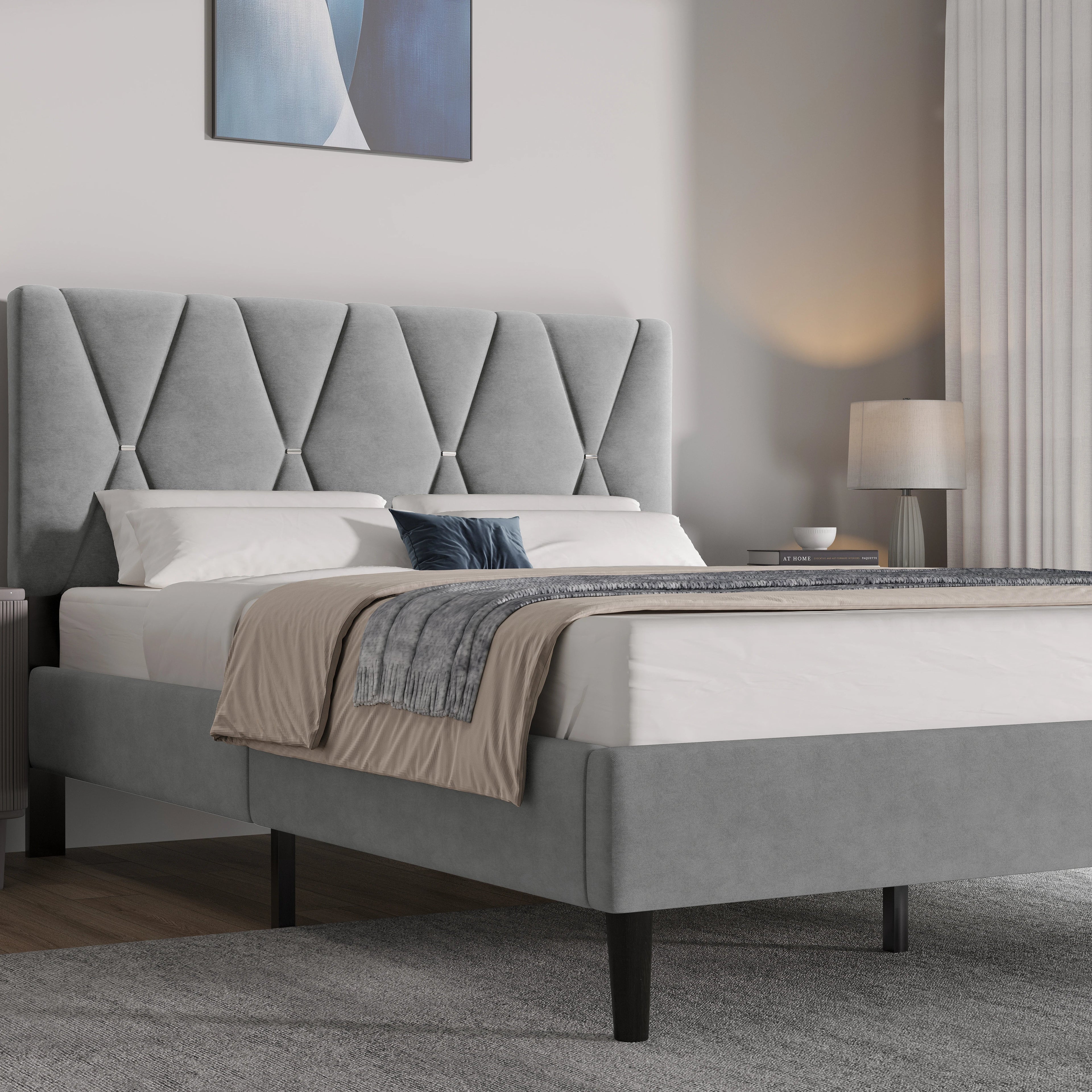 Velvet Double Bed Frame with Headboard Upholstered King Size Bed Frame