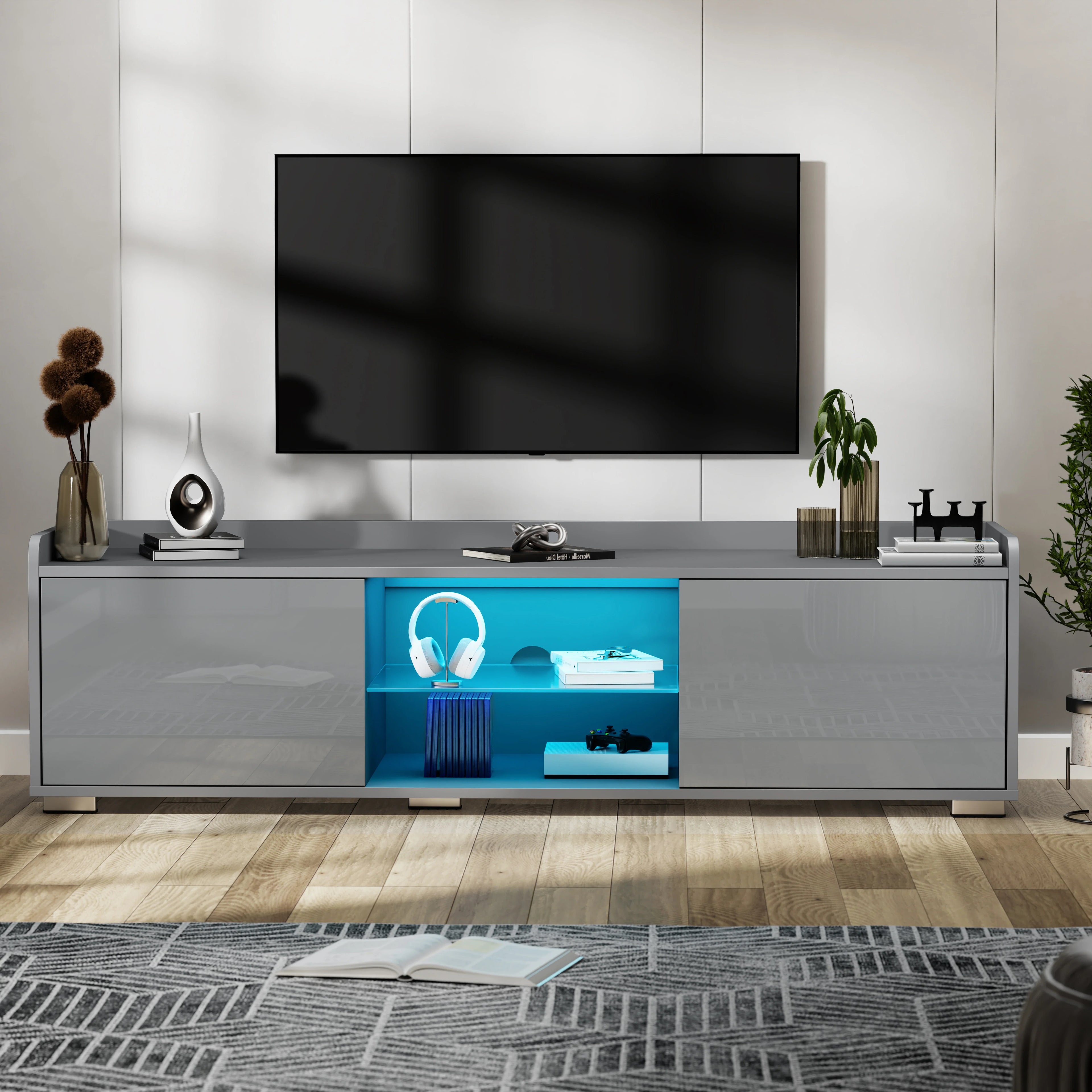 High Gloss LED TV Unit with Storage - Living Room TV Cabinet 140cm