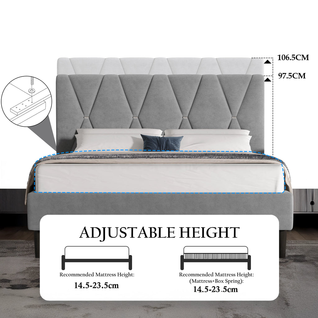 Velvet Double Bed Frame with Headboard Upholstered King Size Bed Frame