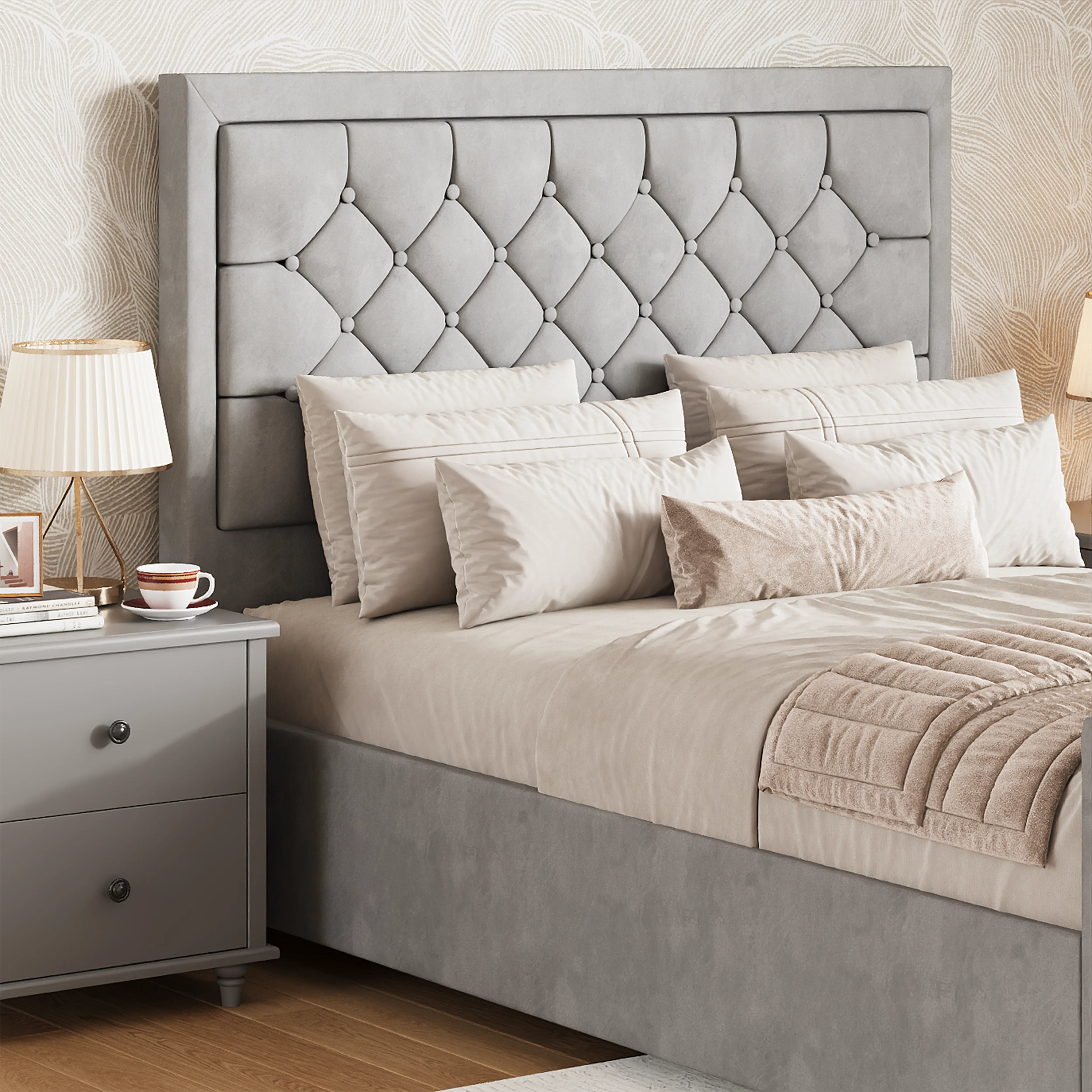 Cross Puffed Ottoman Storage Bed - Velvet Ottoman Bed Frame