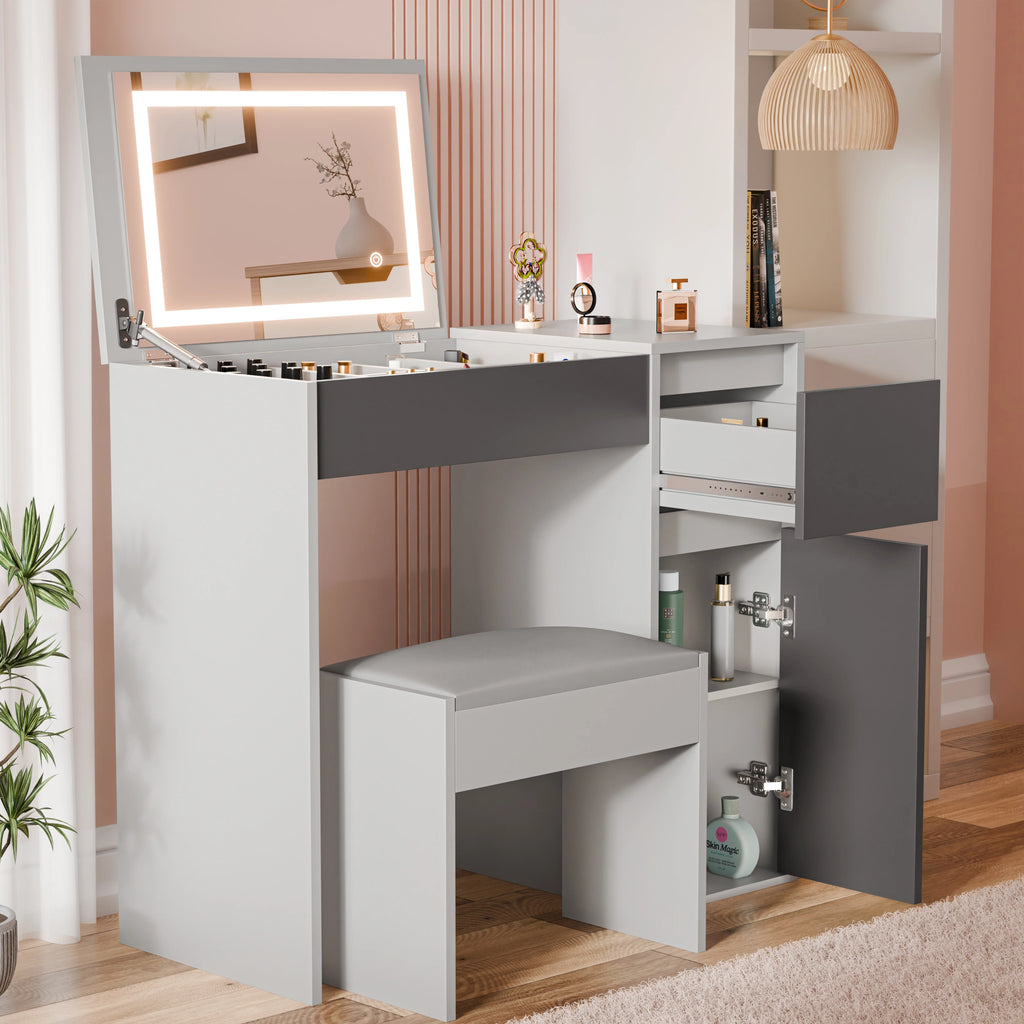 Small Dressing Table with Mirror and Lights, Stool -Makeup Vanity Desk