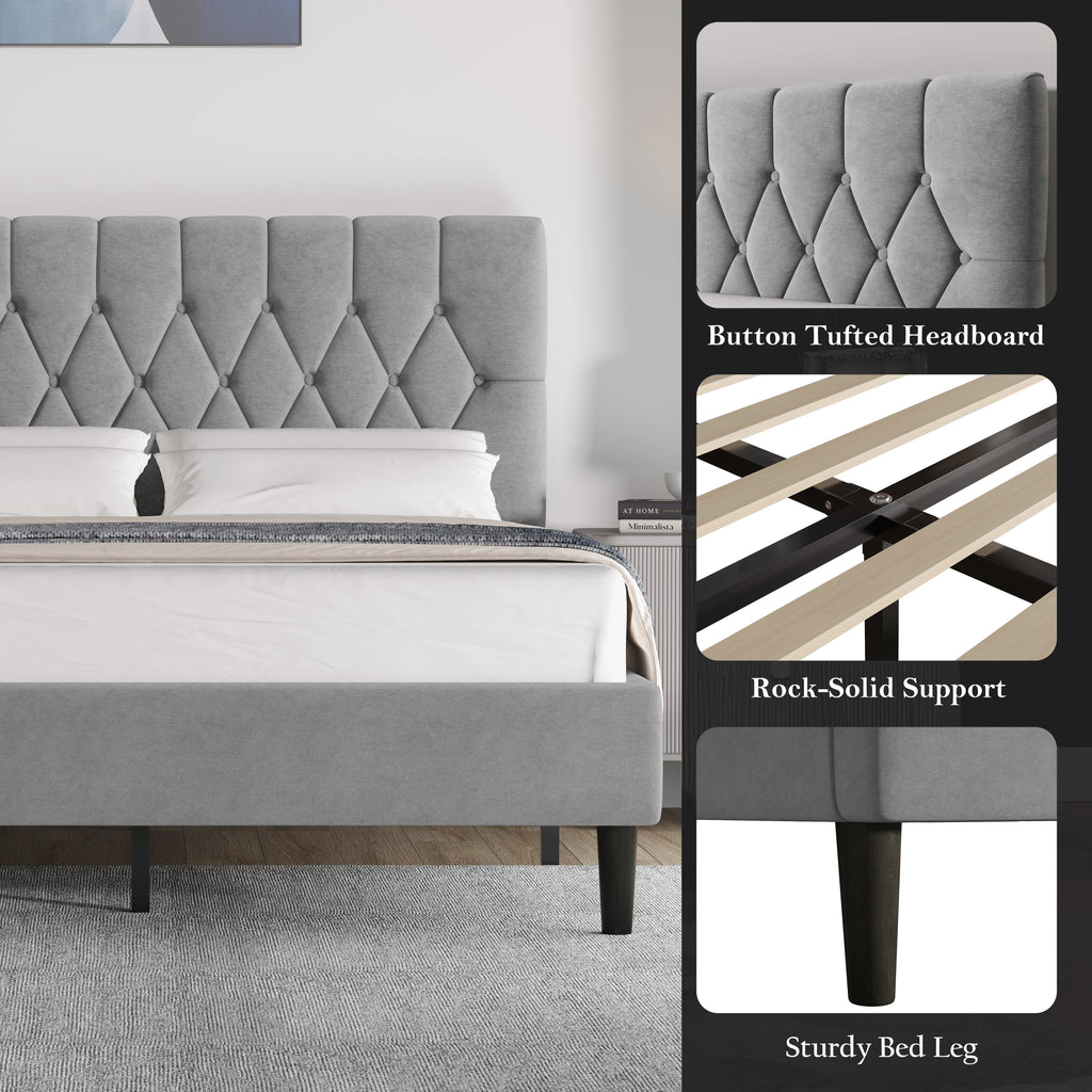Velvet Bed Frame Double & King Size with Adjustable Headboard