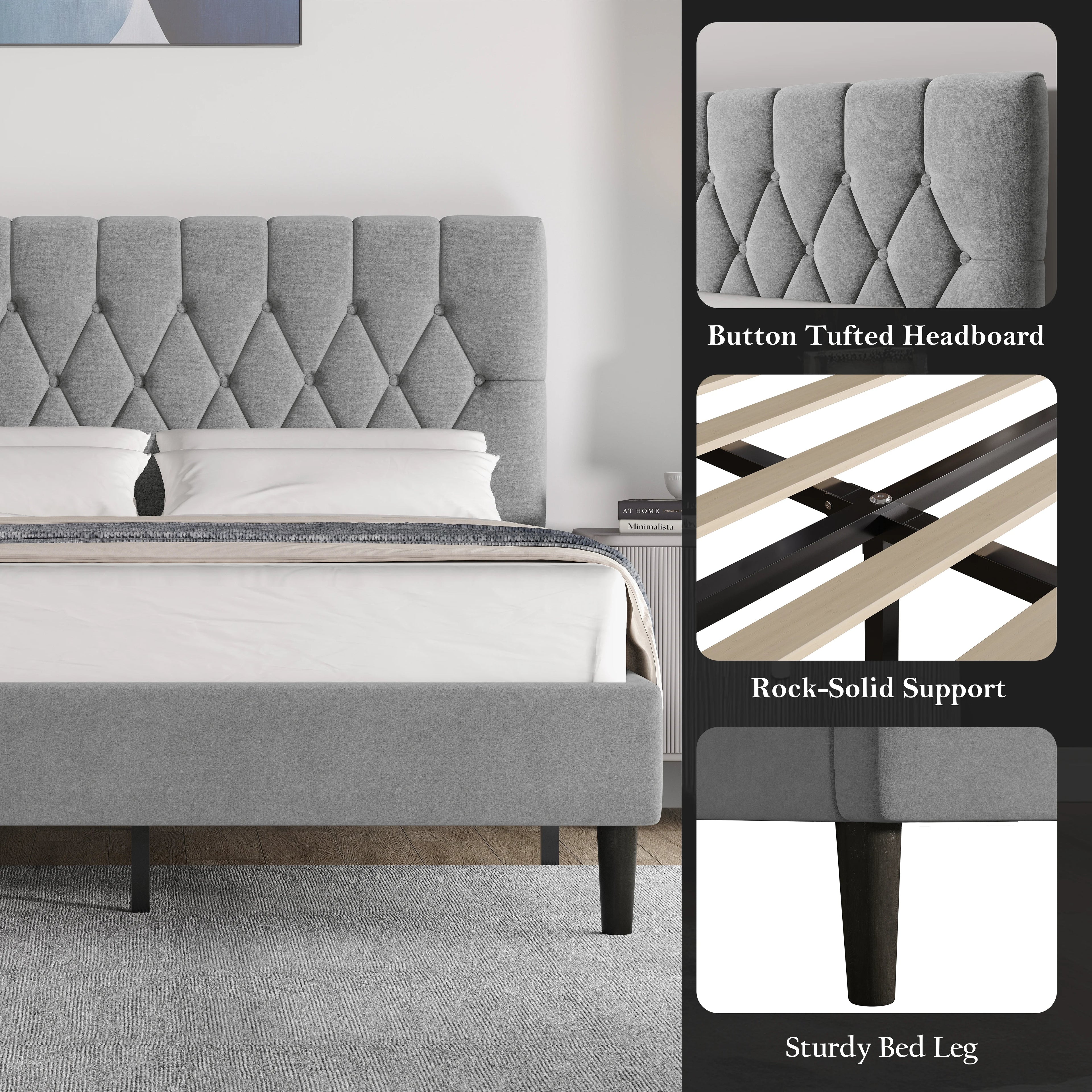 Velvet Bed Frame Double & King Size with Adjustable Headboard