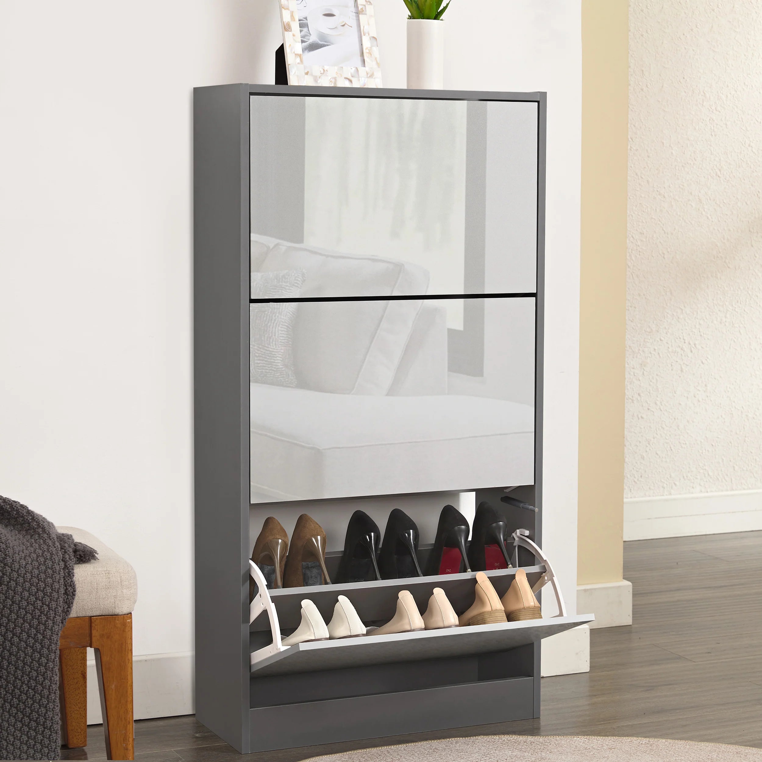 High Gloss 3 Door Shoe Cabinet | Slim Shoe Storage