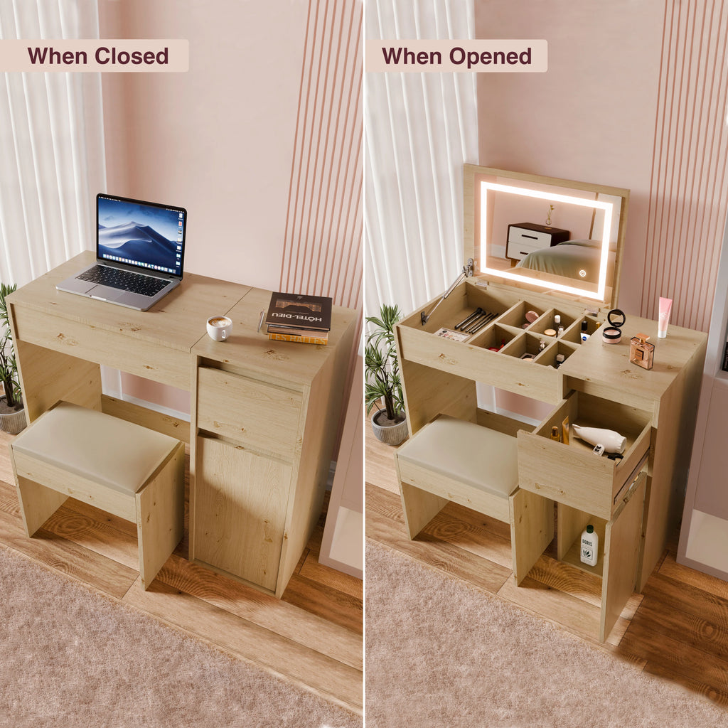 Small Dressing Table with Mirror and Lights, Stool -Makeup Vanity Desk