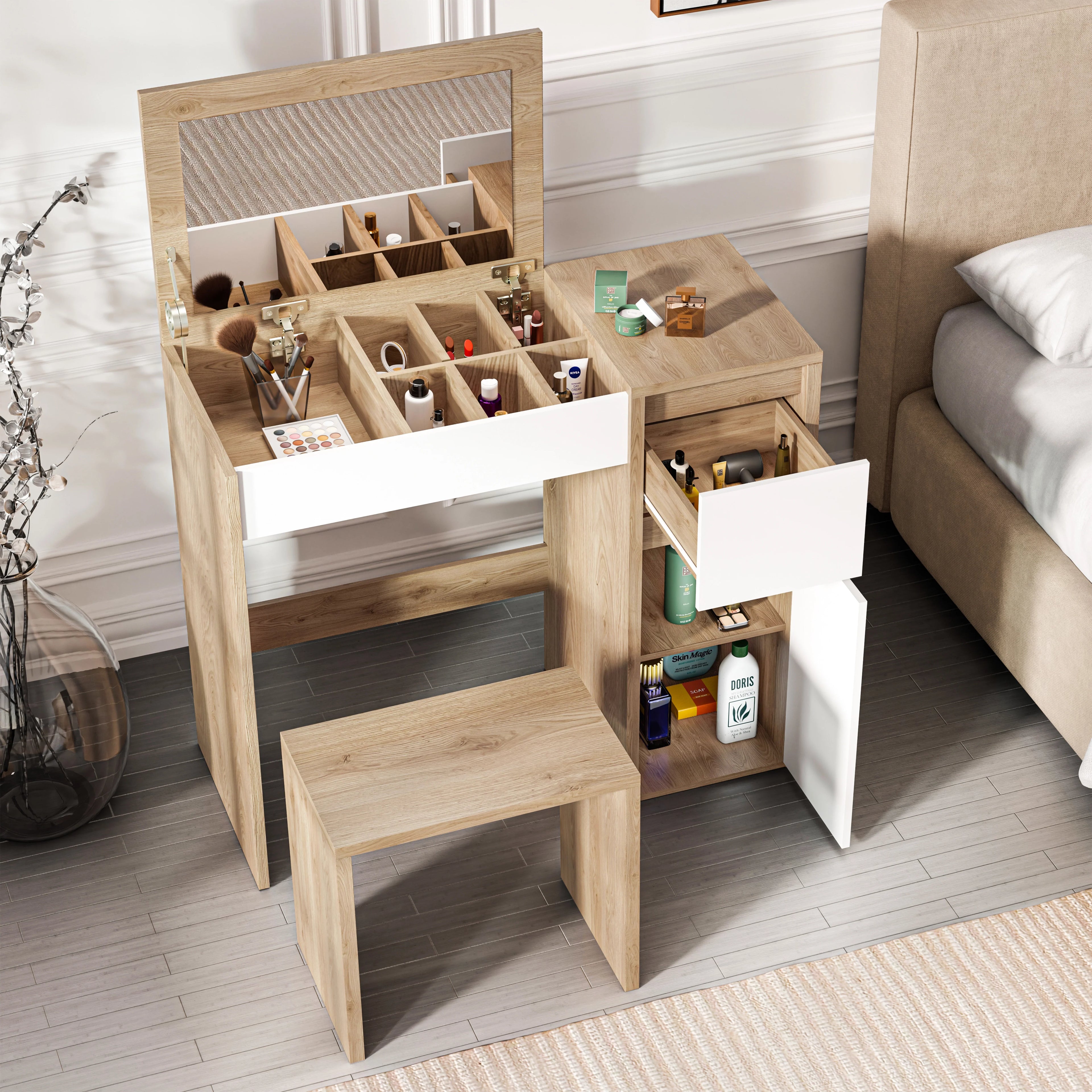 Dressing Table with Mirror and Storage - Makeup Vanity Desk for Girls