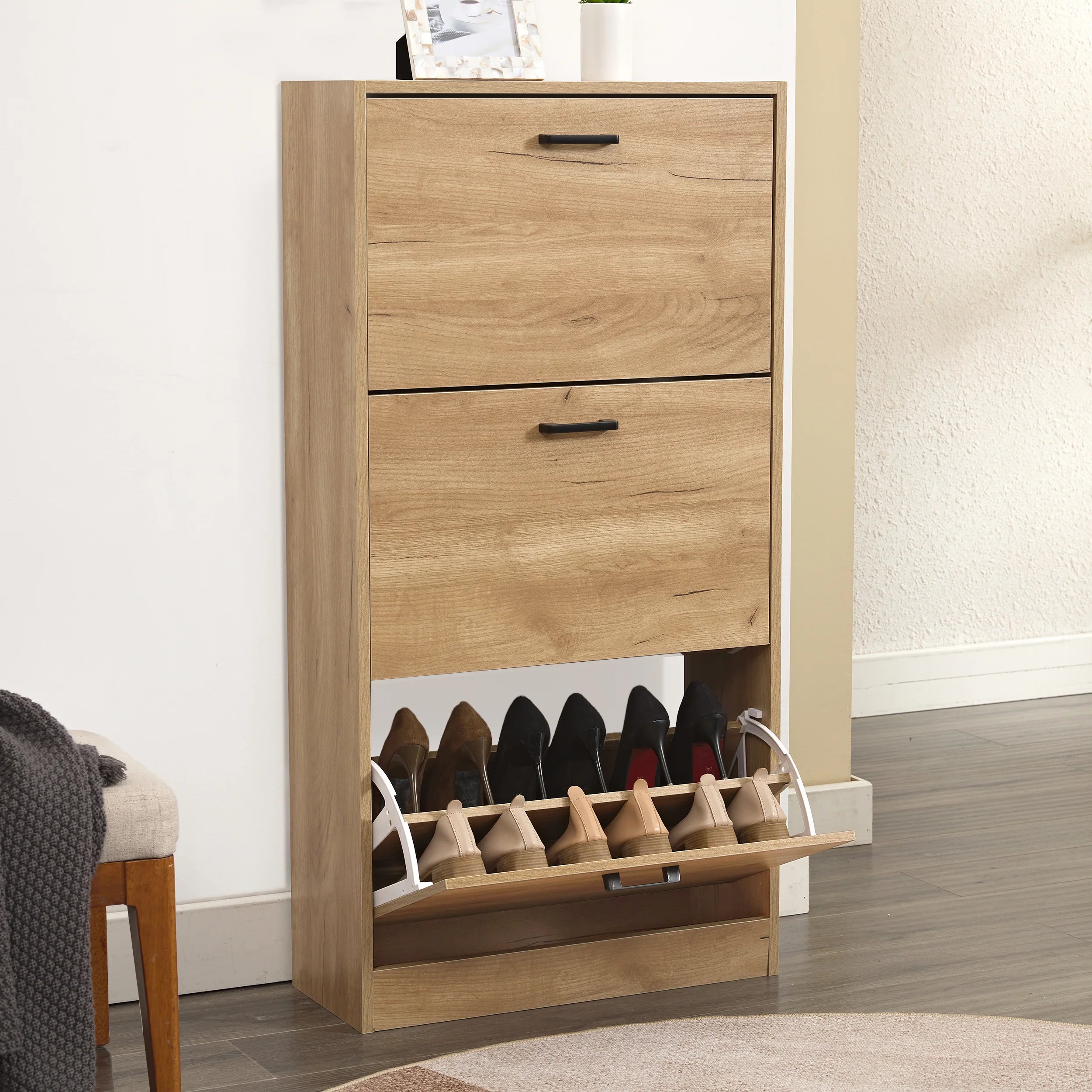 3 Drawer Slim Shoe Cabinet For Hallway - Tall Shoe Storage