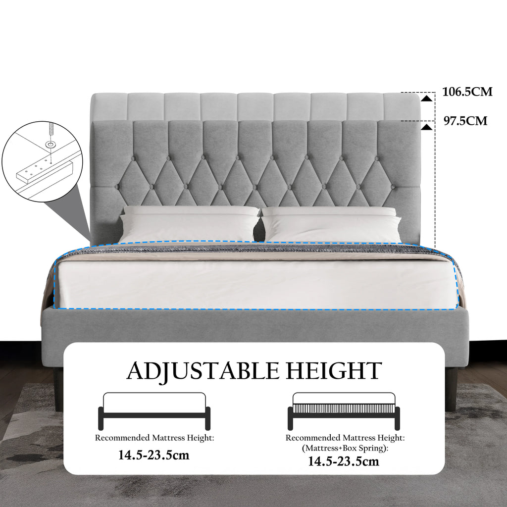 Velvet Bed Frame Double & King Size with Adjustable Headboard