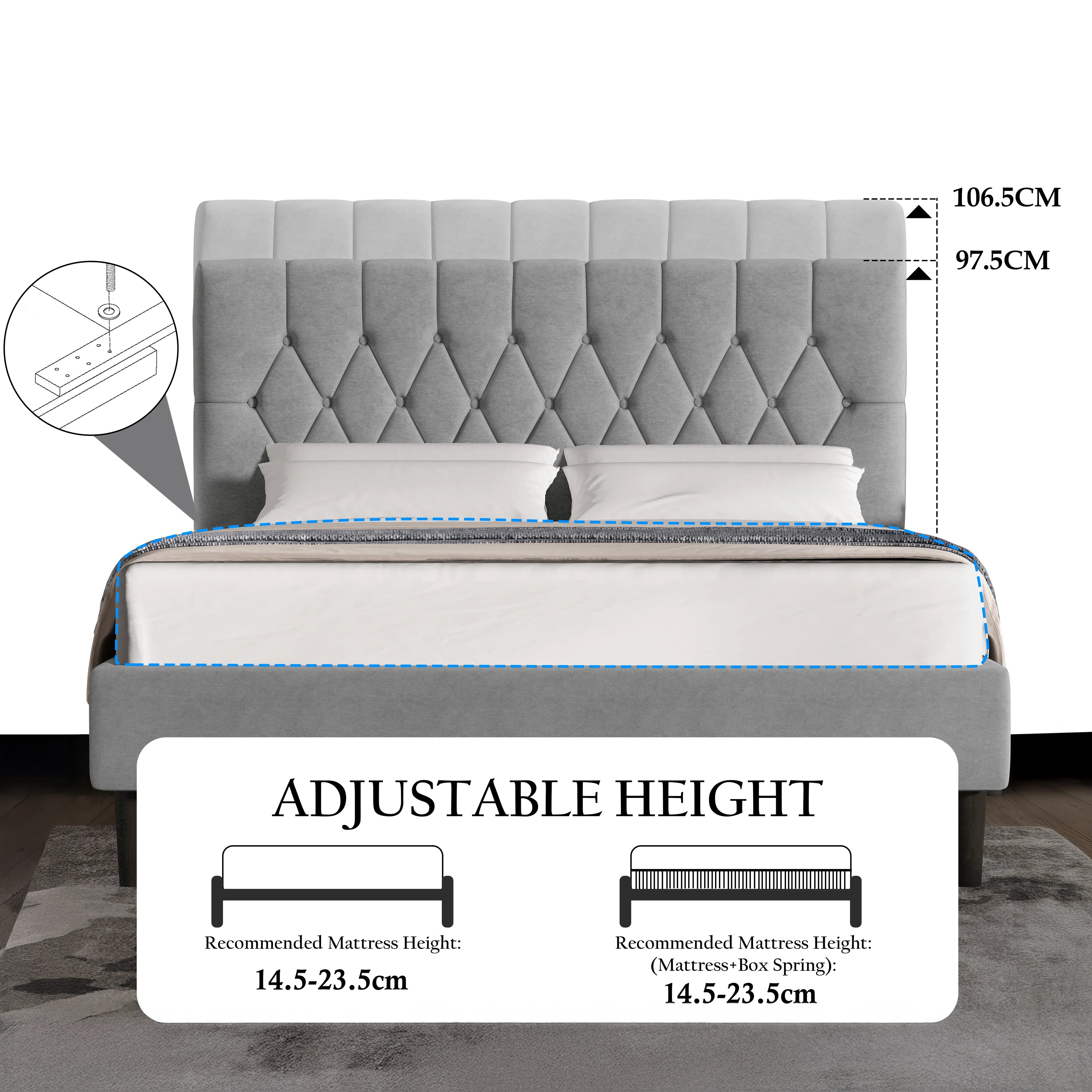 Velvet Bed Frame Double & King Size with Adjustable Headboard