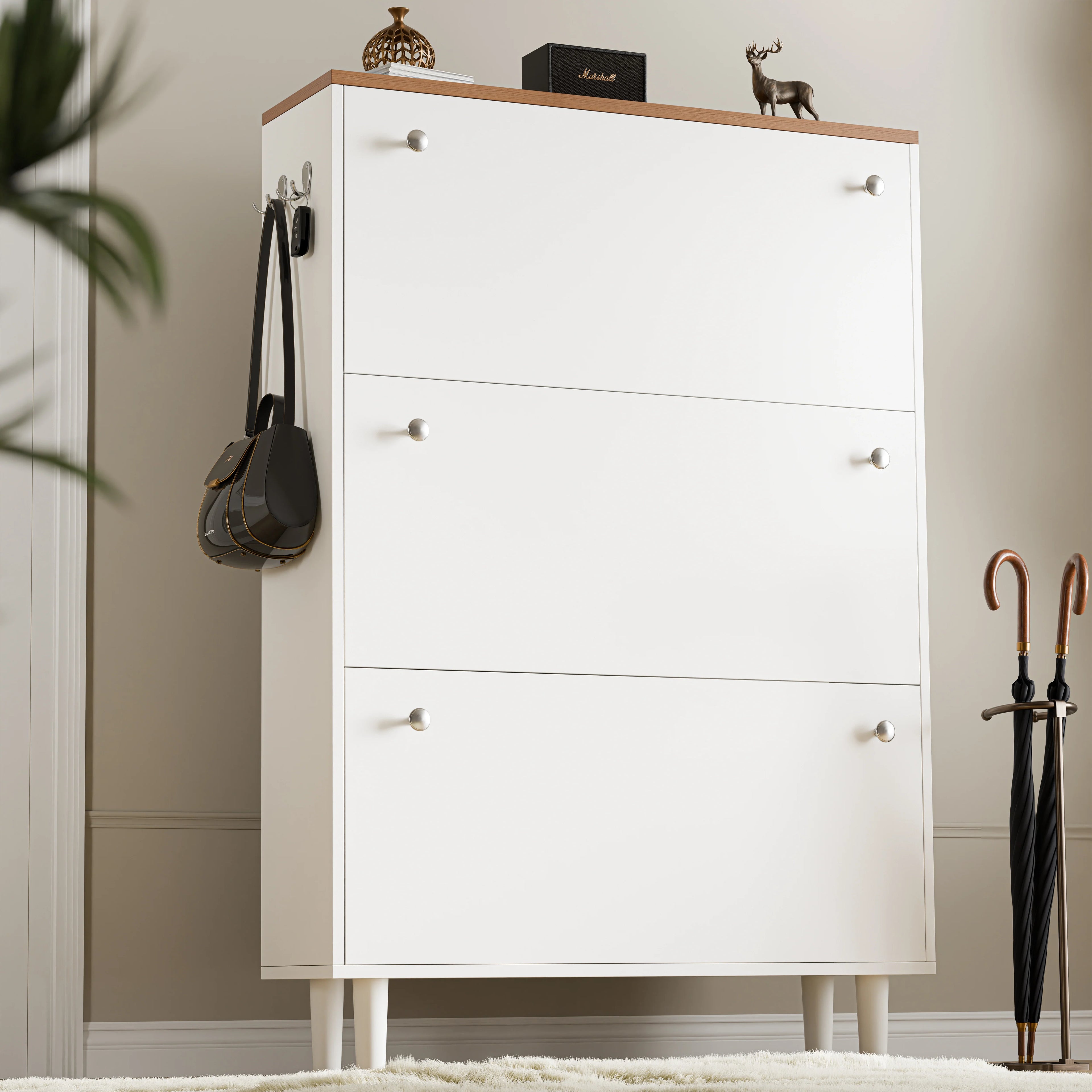 3 Door Narrow Shoe Cabinet | Tall Shoe Storage With Hooks