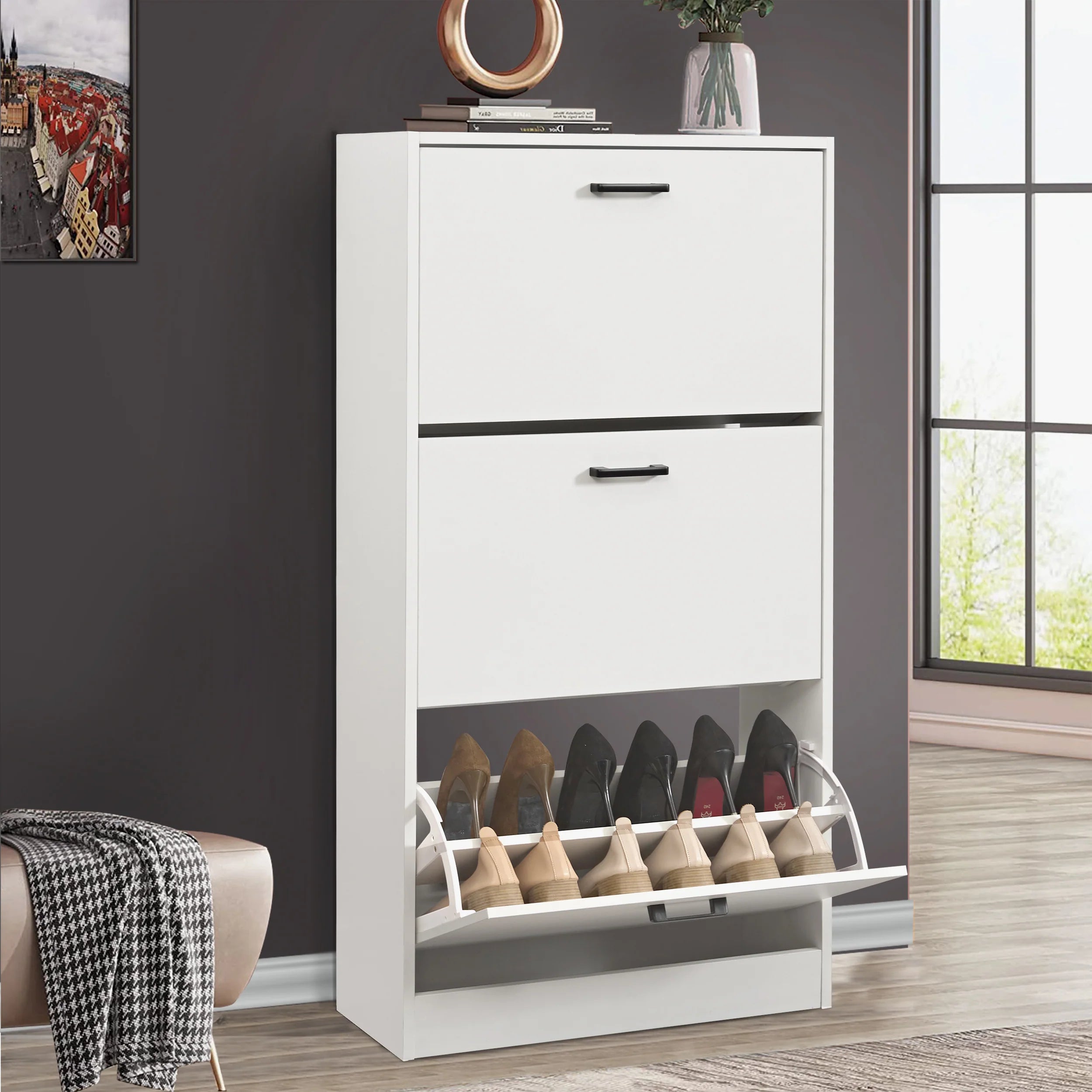 3 Drawer Slim Shoe Cabinet For Hallway - Tall Shoe Storage