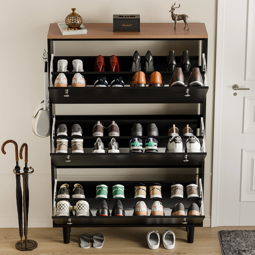 3 Door Narrow Shoe Cabinet | Tall Shoe Storage With Hooks