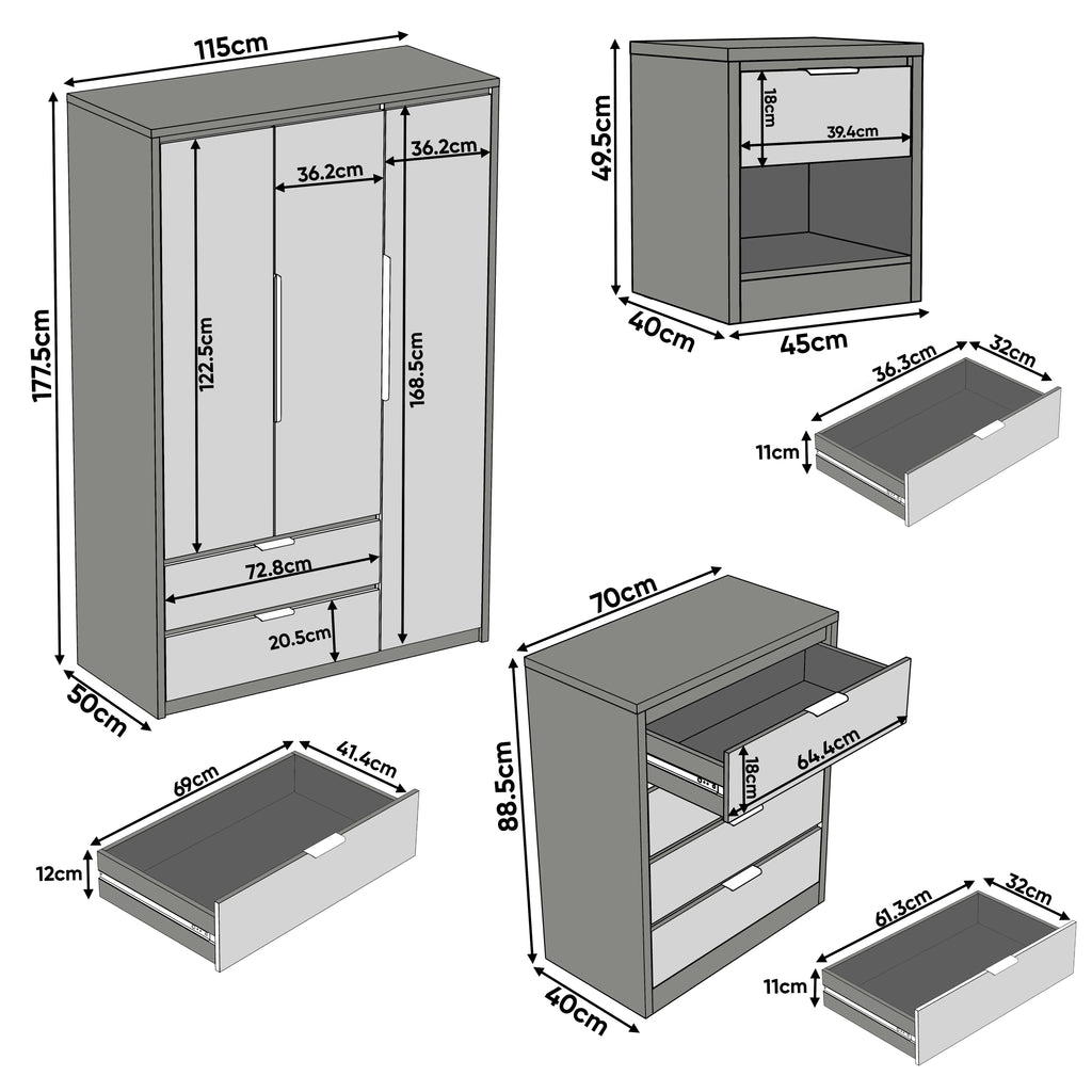 Skova 4 Piece Bedroom Set - Wardrobe and Chest of Drawers