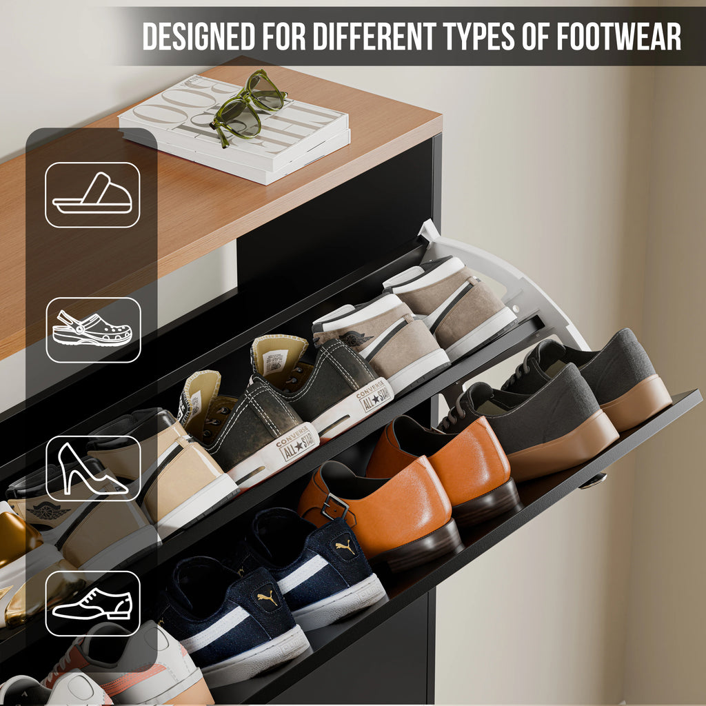 3 Door Narrow Shoe Cabinet | Tall Shoe Storage With Hooks