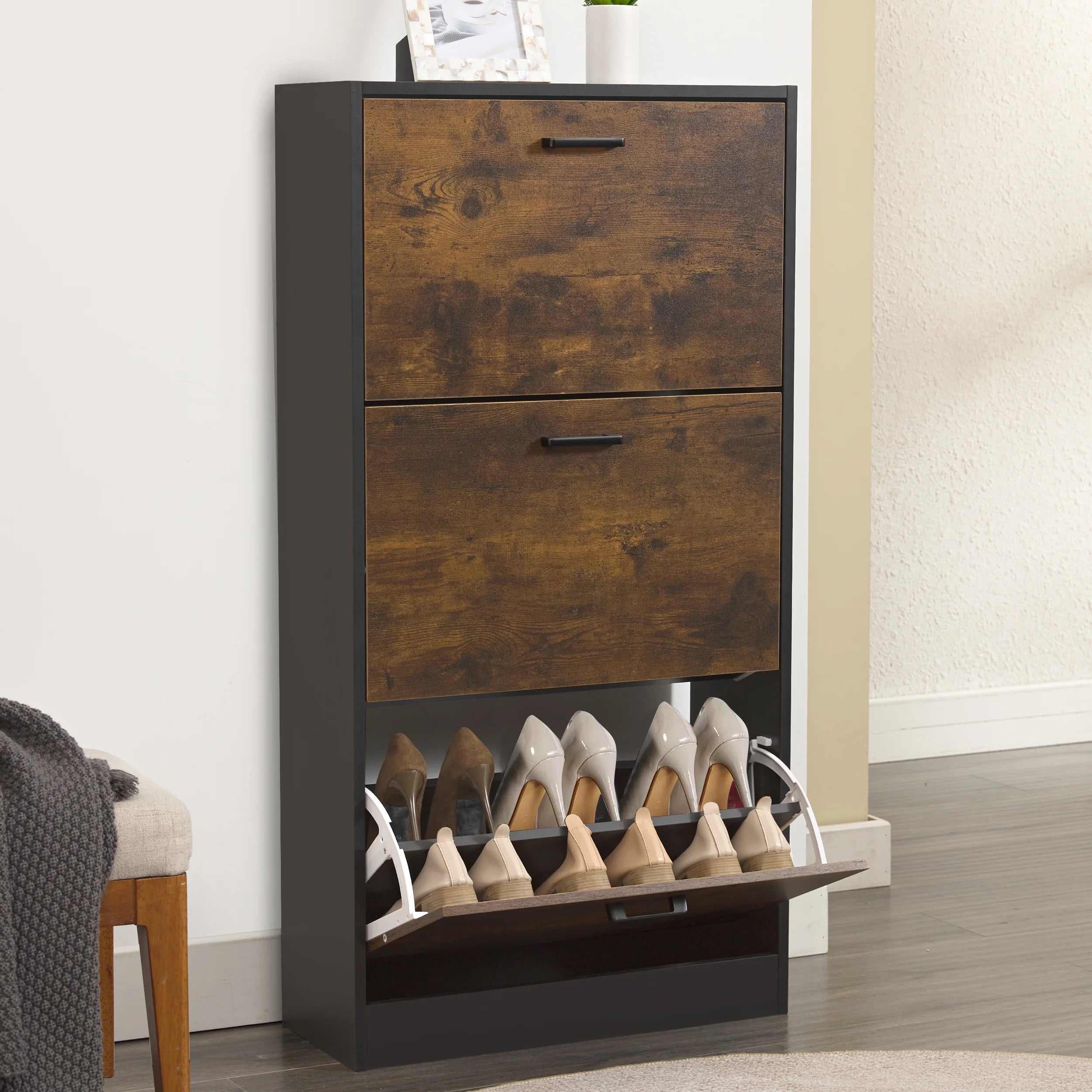 3 Drawer Slim Shoe Cabinet For Hallway - Tall Shoe Storage