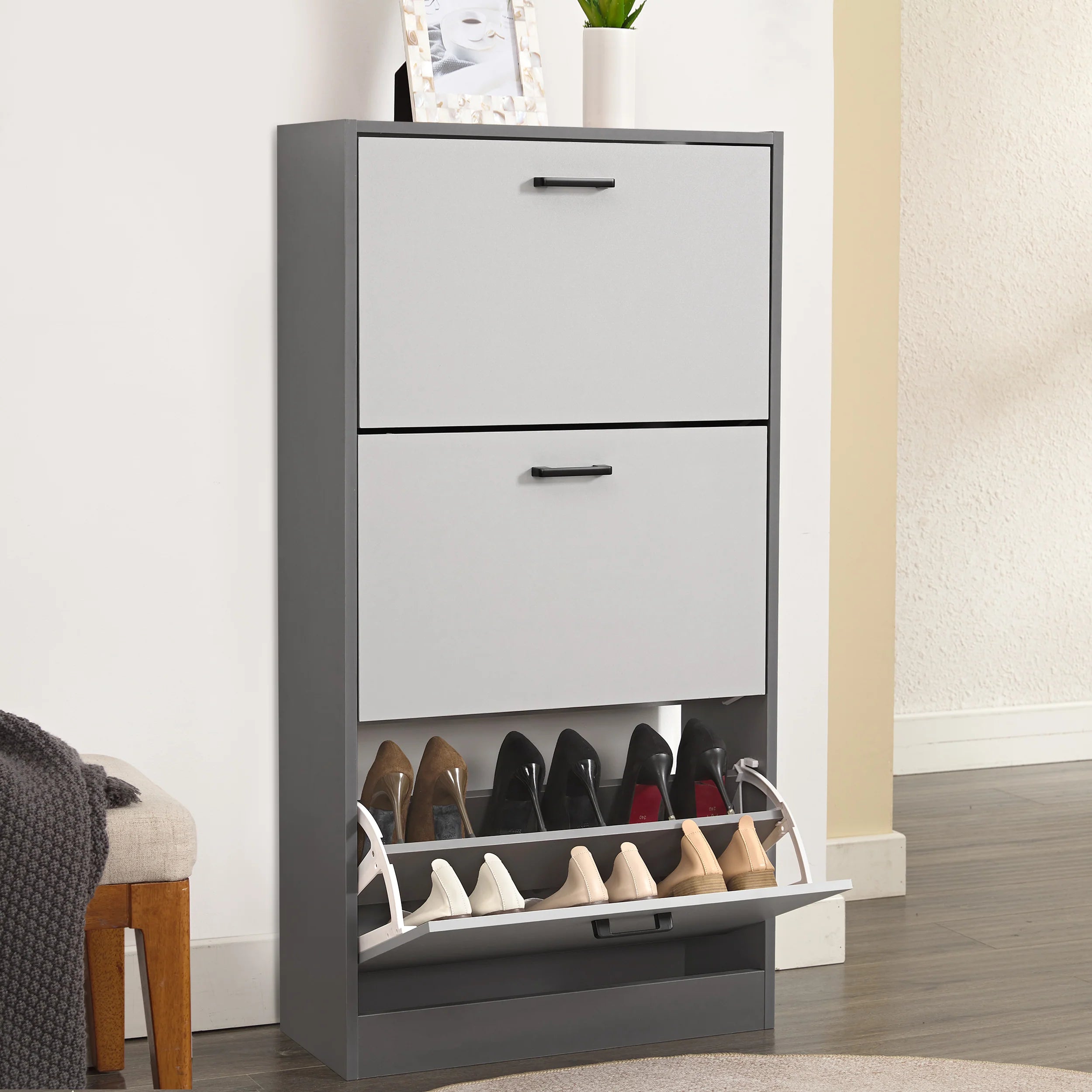 3 Drawer Slim Shoe Cabinet For Hallway - Tall Shoe Storage